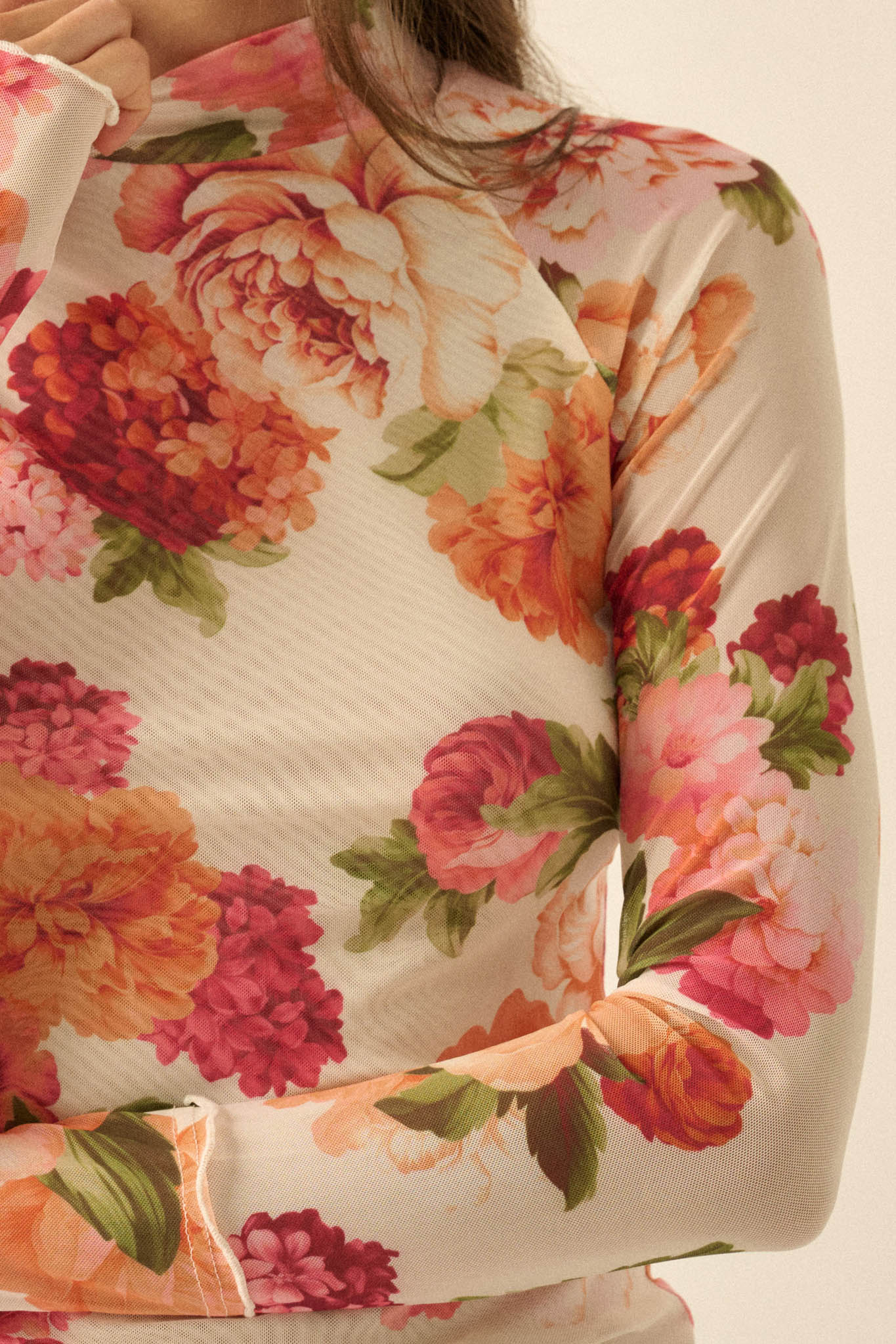 Garden Breeze Floral Mesh Mock-Neck Thumbhole Top - Image 2