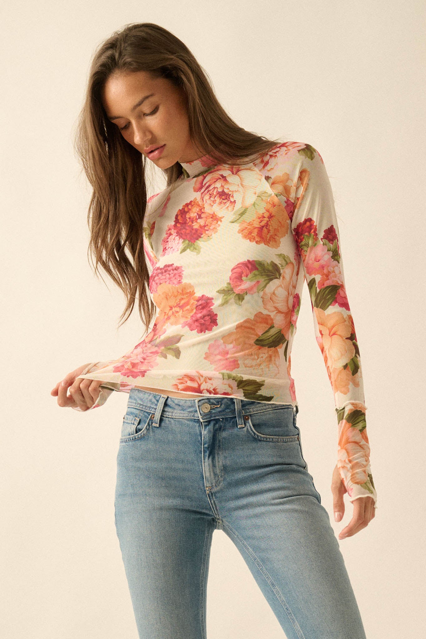Garden Breeze Floral Mesh Mock-Neck Thumbhole Top - Image 4