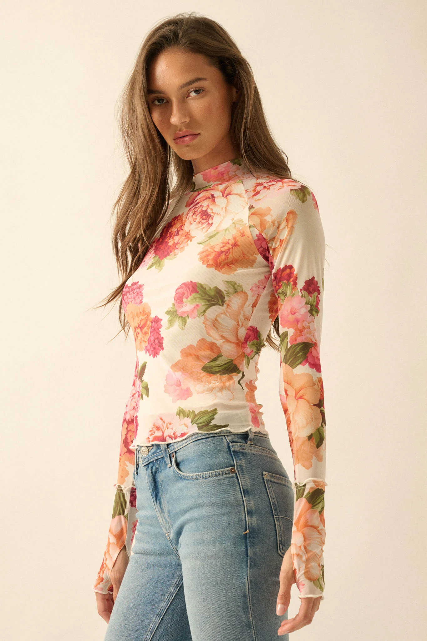 Garden Breeze Floral Mesh Mock-Neck Thumbhole Top - Image 5