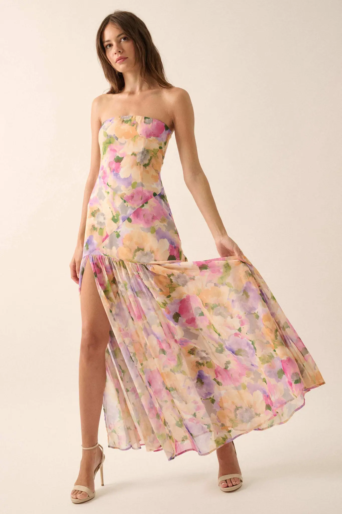 Garden Glow Floral Chiffon Strapless Maxi Dress - Image 4