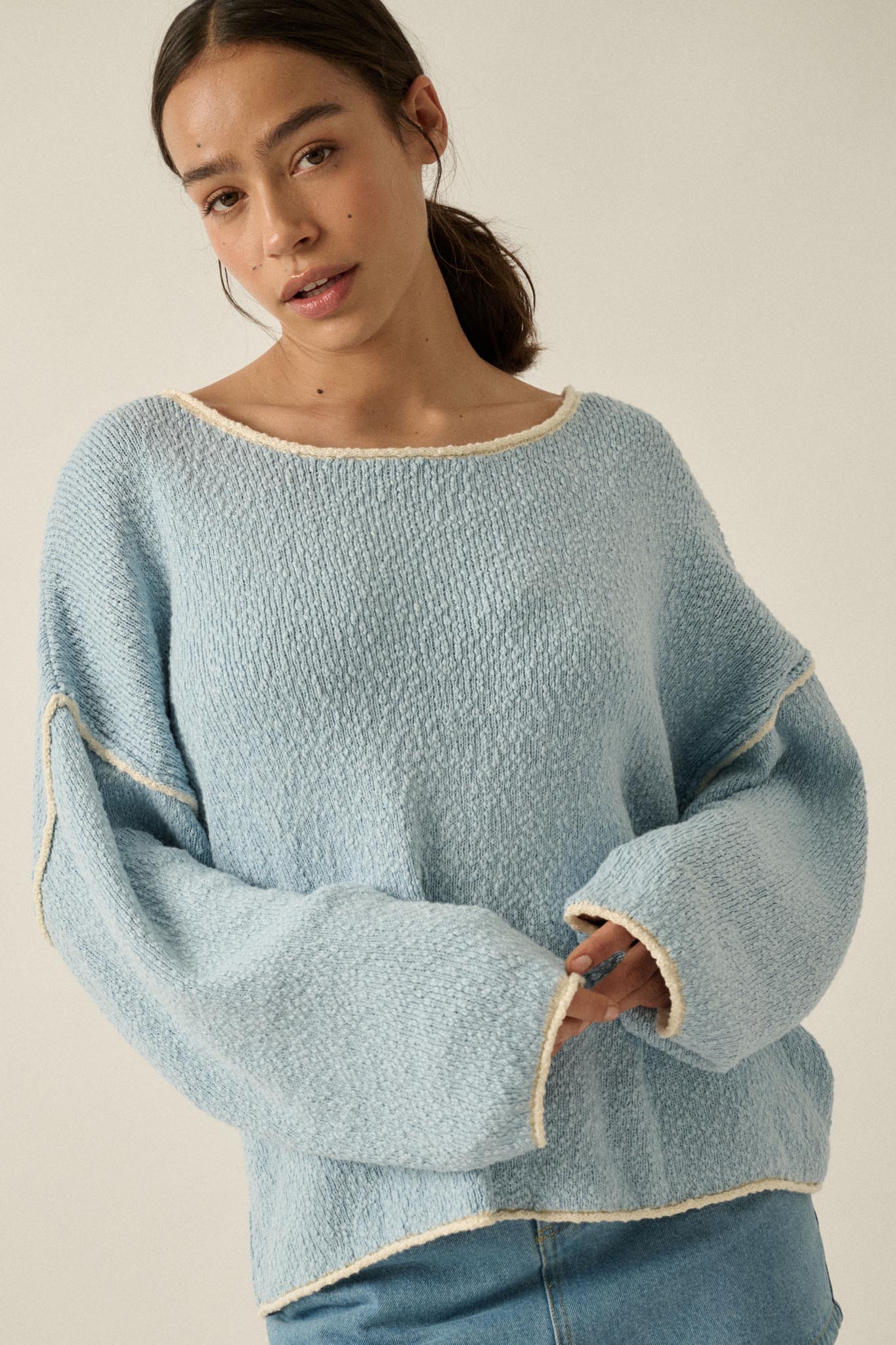 Get Cozy Textured Knit Exposed-Seam Sweater - Image 3