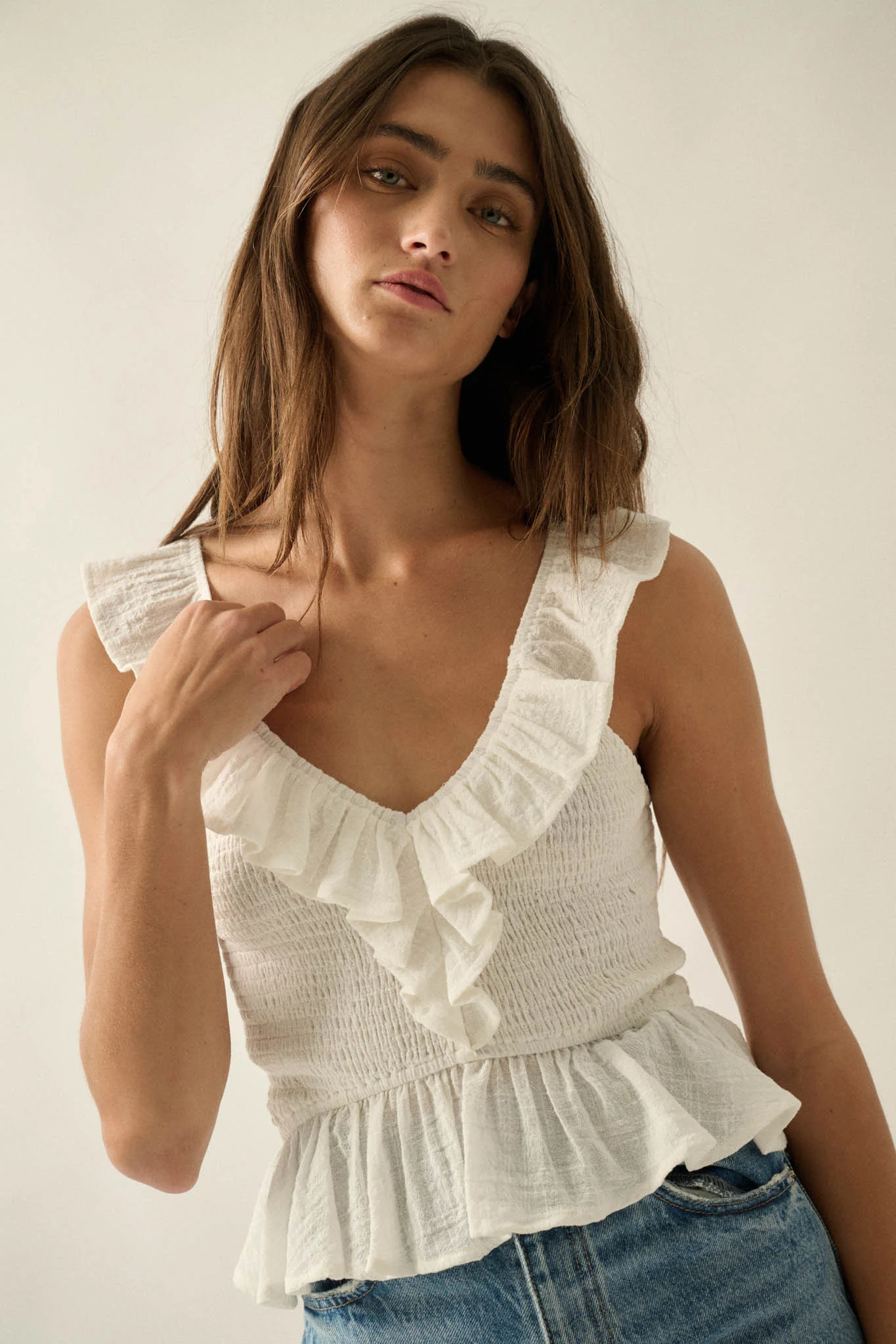 Get Free Smocked Cotton Gauze V-Neck Ruffle Top - Image 10