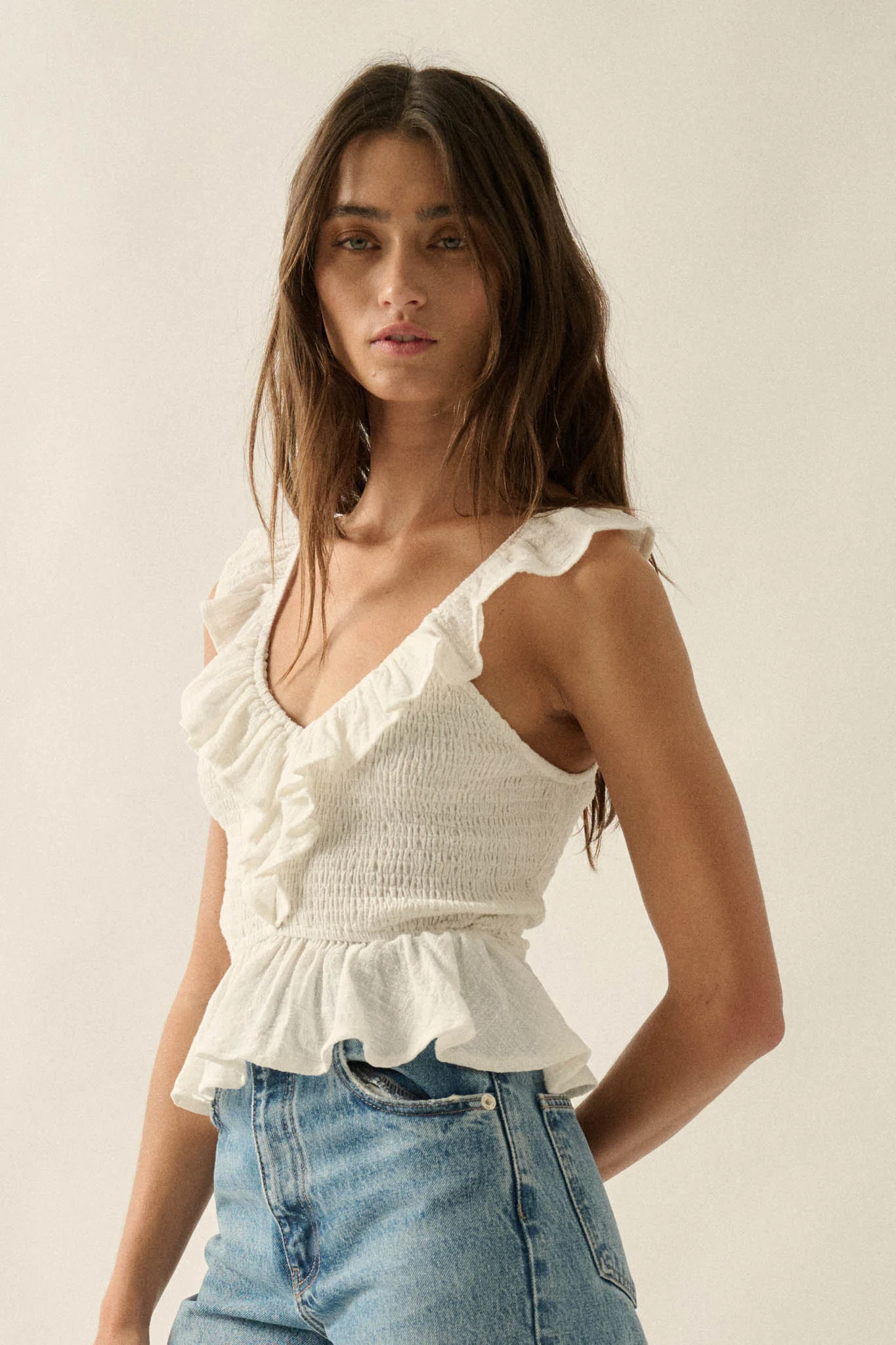 Get Free Smocked Cotton Gauze V-Neck Ruffle Top - Image 11