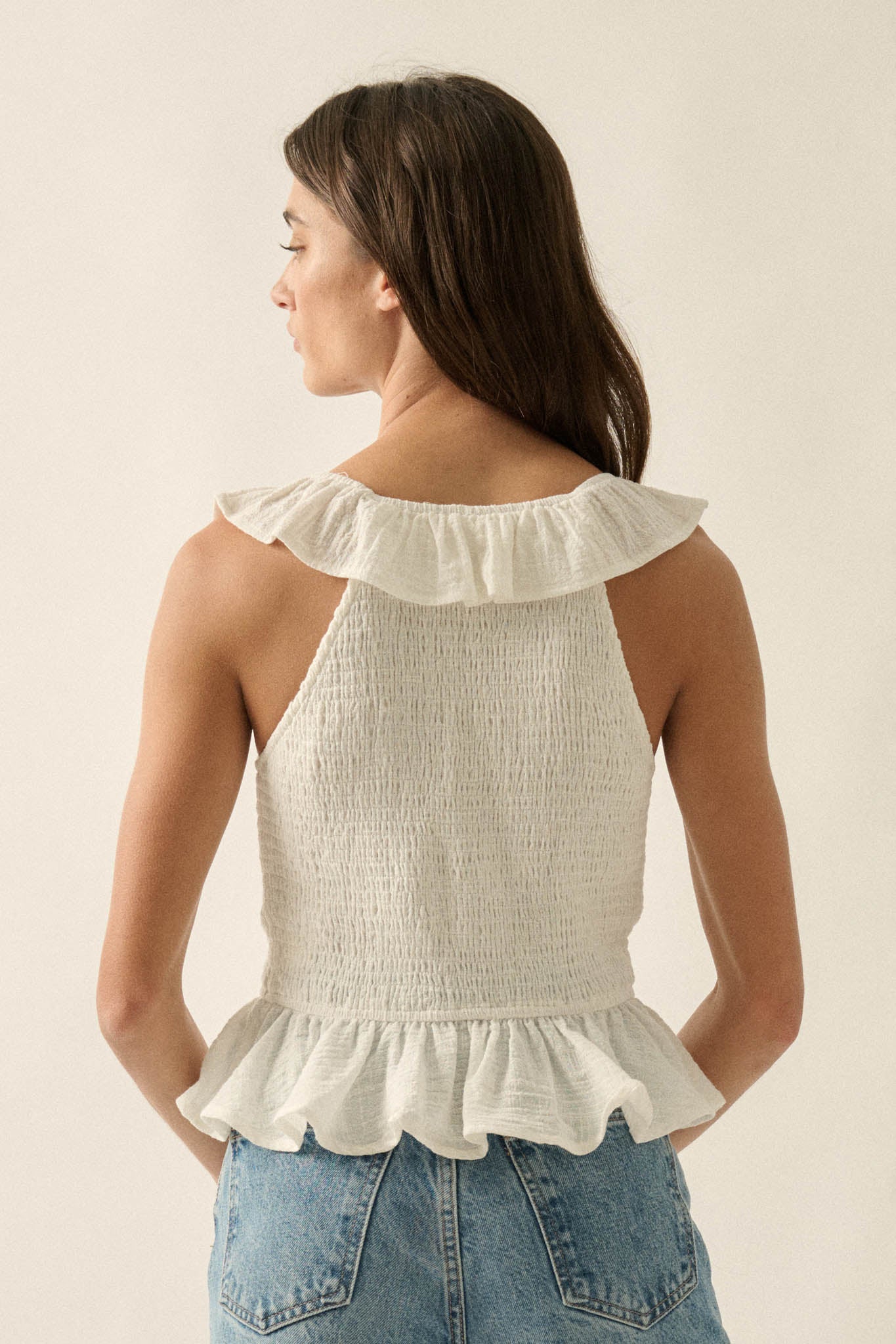 Get Free Smocked Cotton Gauze V-Neck Ruffle Top - Image 12