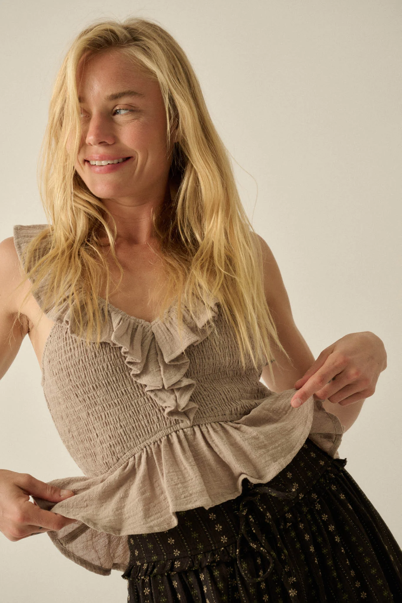 Get Free Smocked Cotton Gauze V-Neck Ruffle Top - Image 13