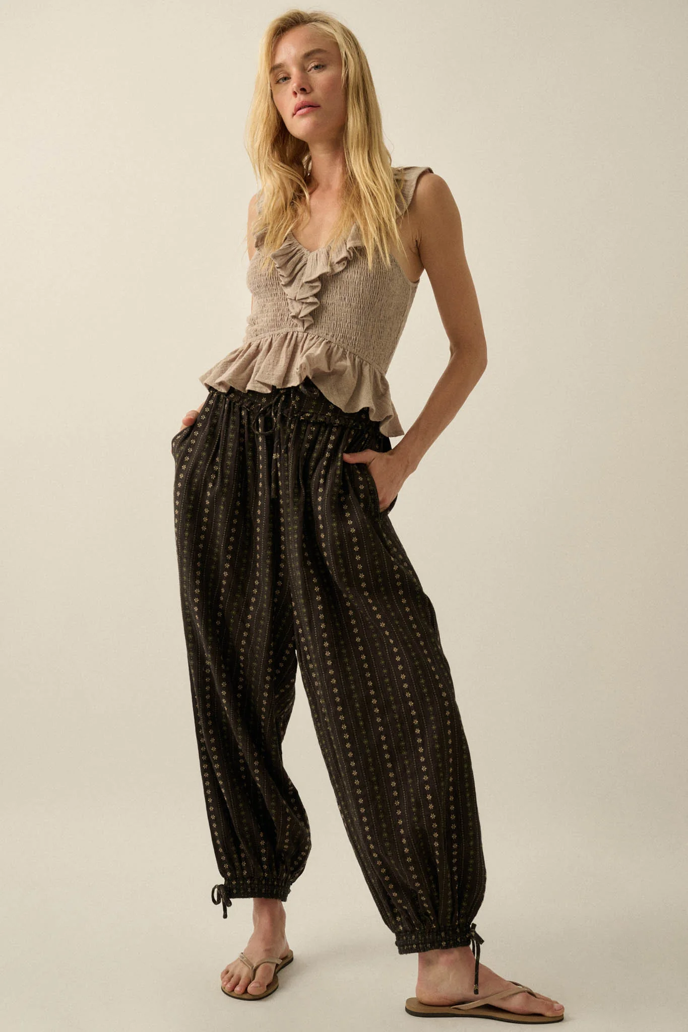 Get Free Smocked Cotton Gauze V-Neck Ruffle Top - Image 15