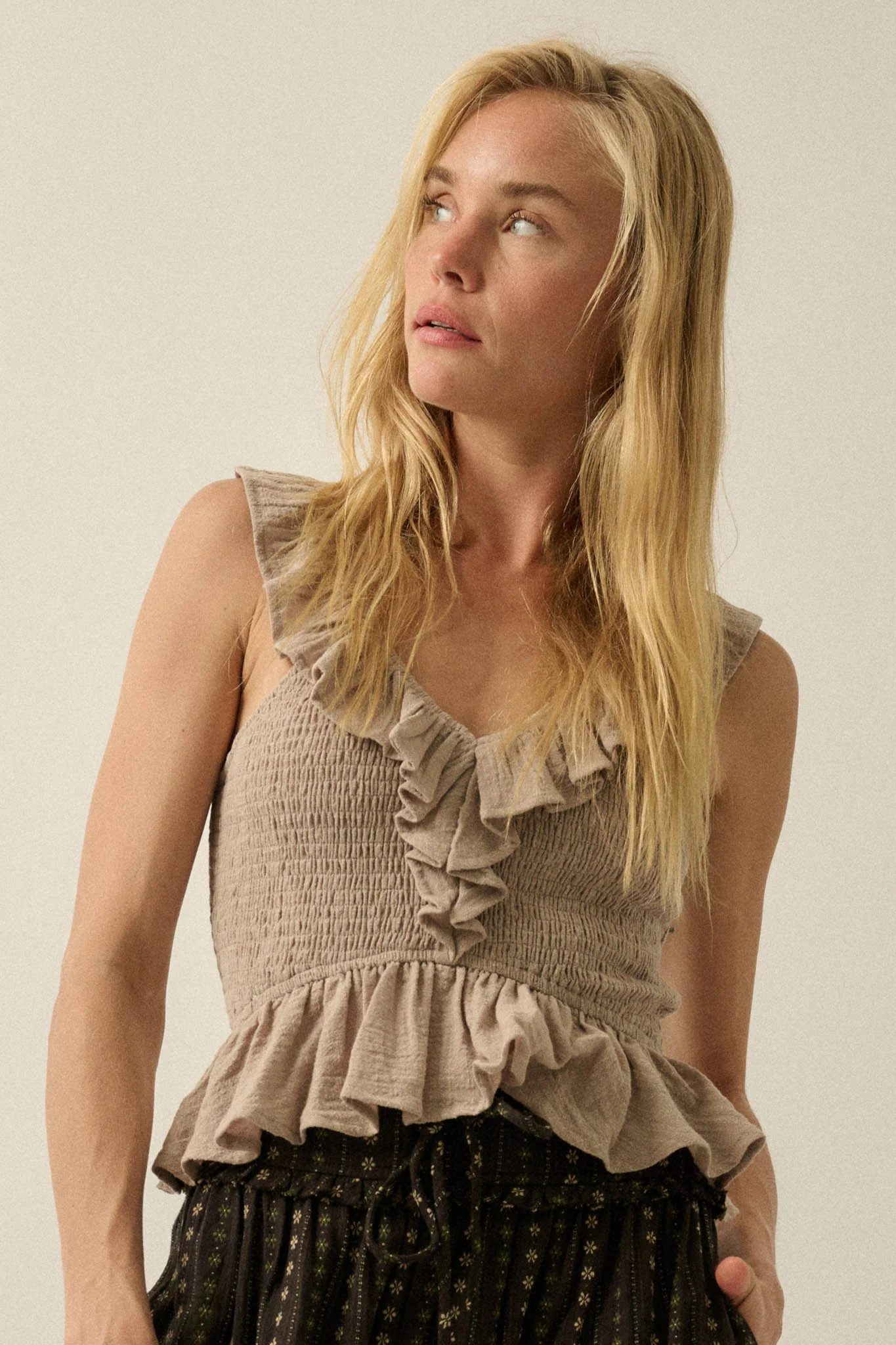 Get Free Smocked Cotton Gauze V-Neck Ruffle Top - Image 16