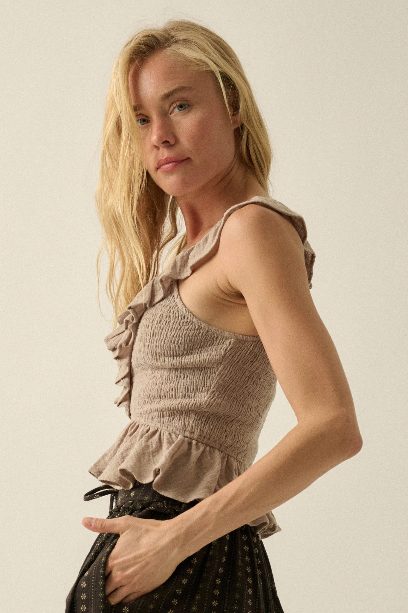 Get Free Smocked Cotton Gauze V-Neck Ruffle Top - Image 17