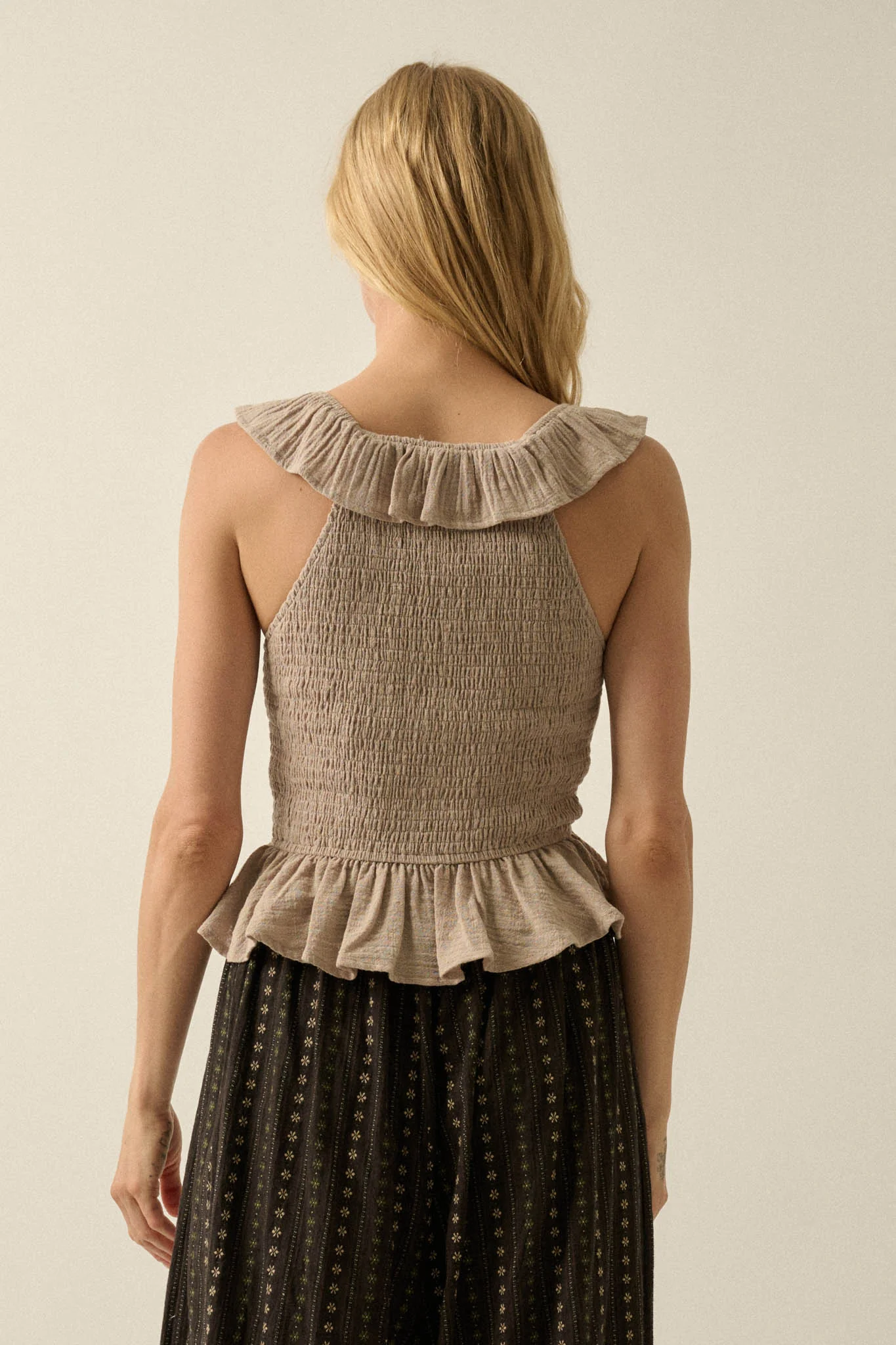 Get Free Smocked Cotton Gauze V-Neck Ruffle Top - Image 18