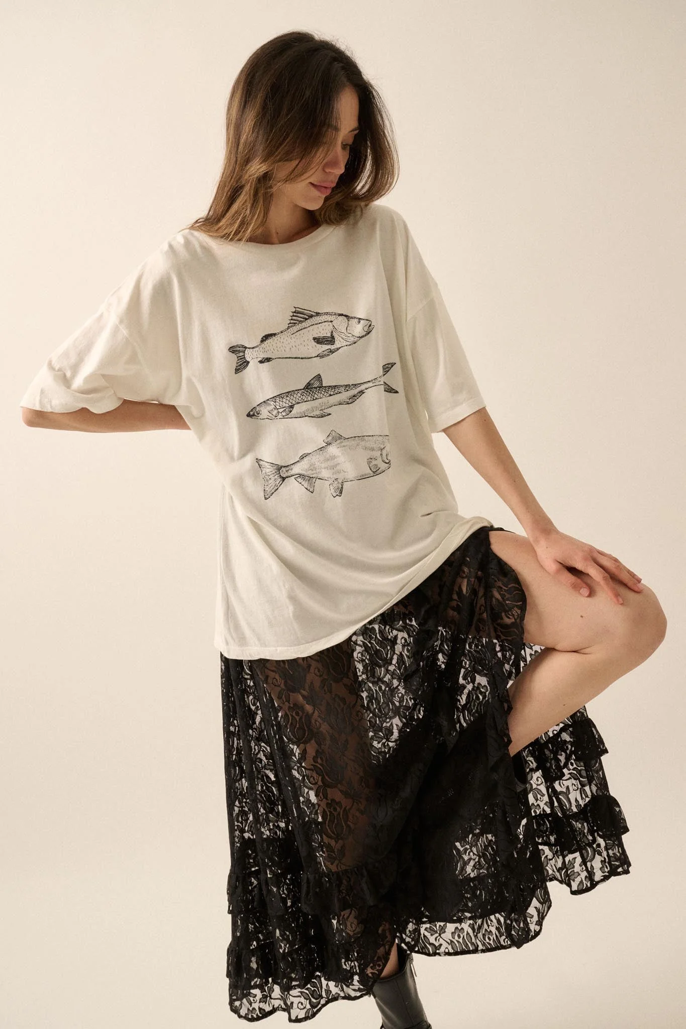 Go Fish Vintage-Print Oversize Graphic Tee
