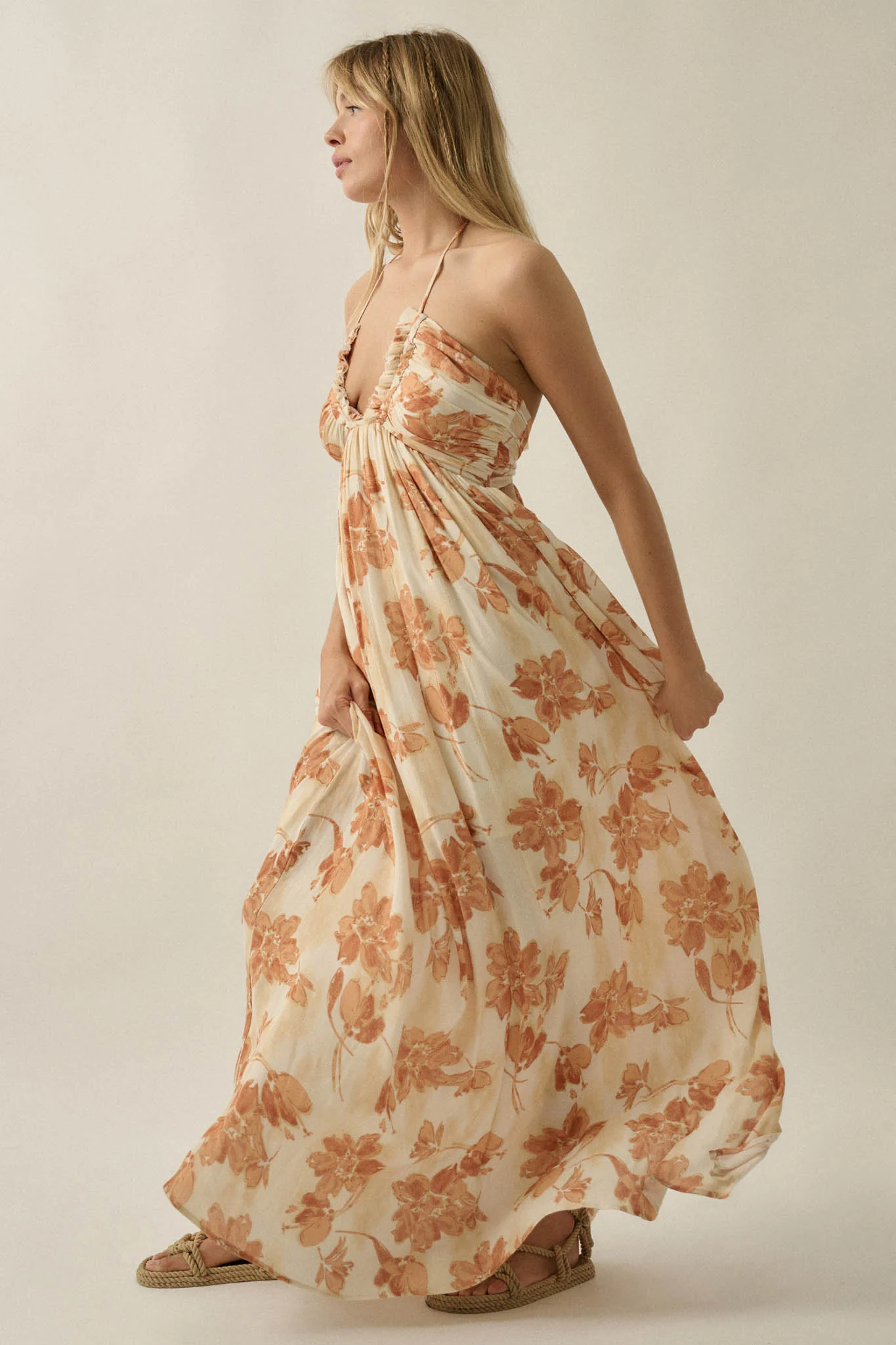Golden Blooms Floral Tie-Back Halter Maxi Dress - Image 8