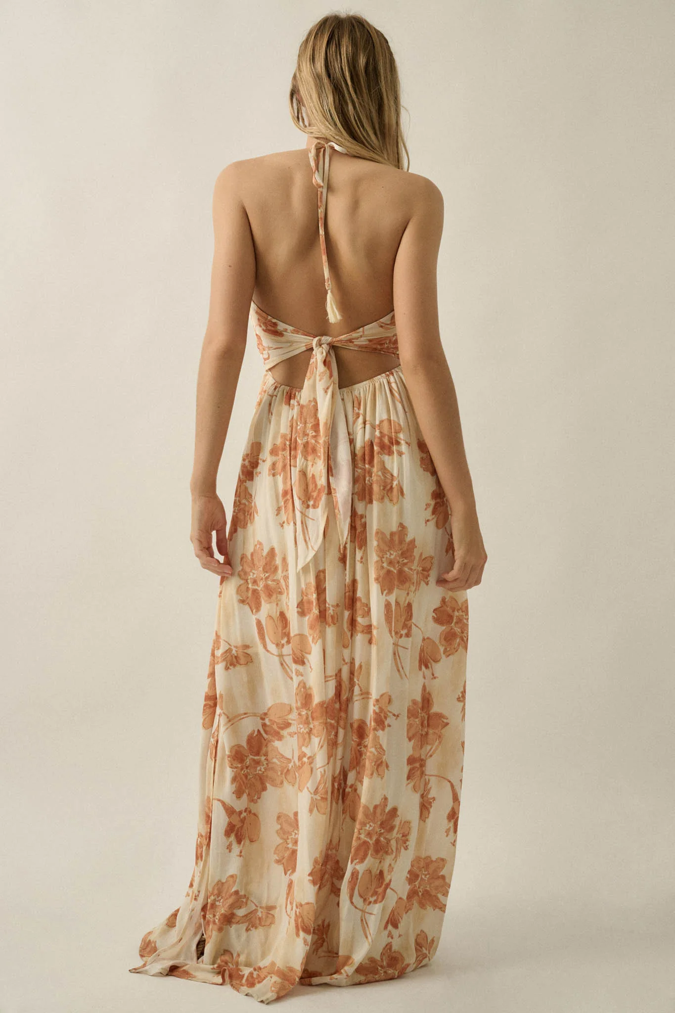 Golden Blooms Floral Tie-Back Halter Maxi Dress - Image 9