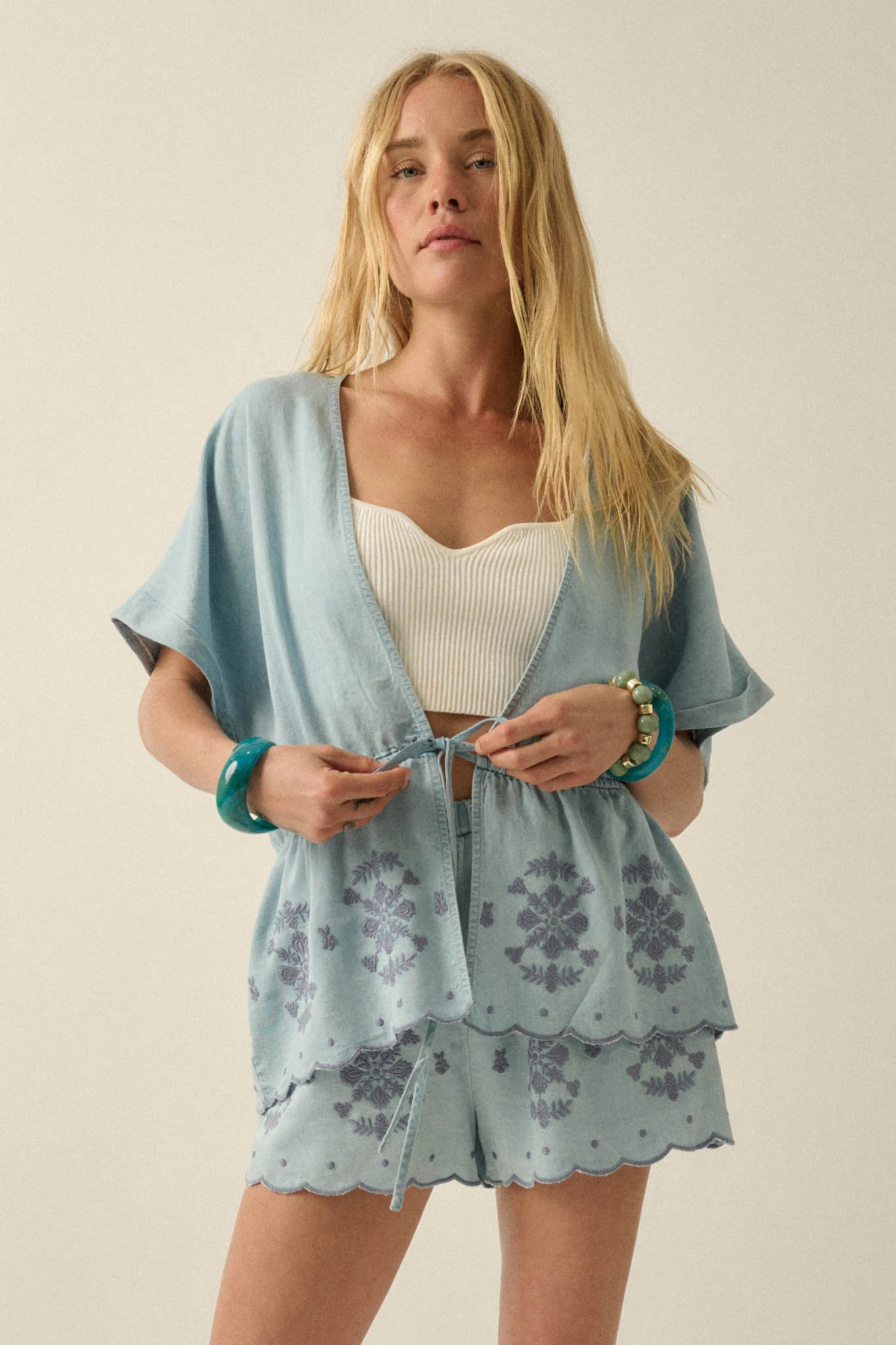 Gorgeous Day Embroidered Denim Drawstring Kimono - Image 8