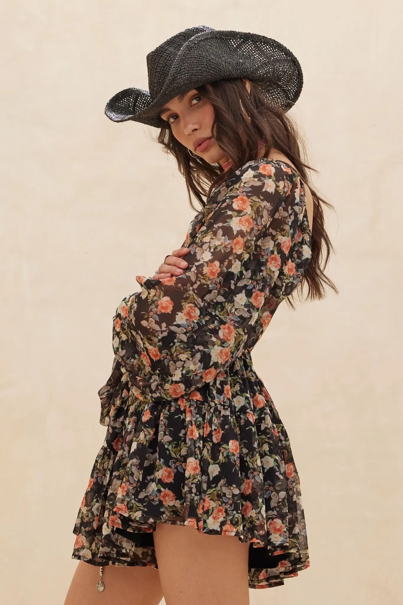Graceful Garden Floral Chiffon Tiered Romper Dress - Image 11