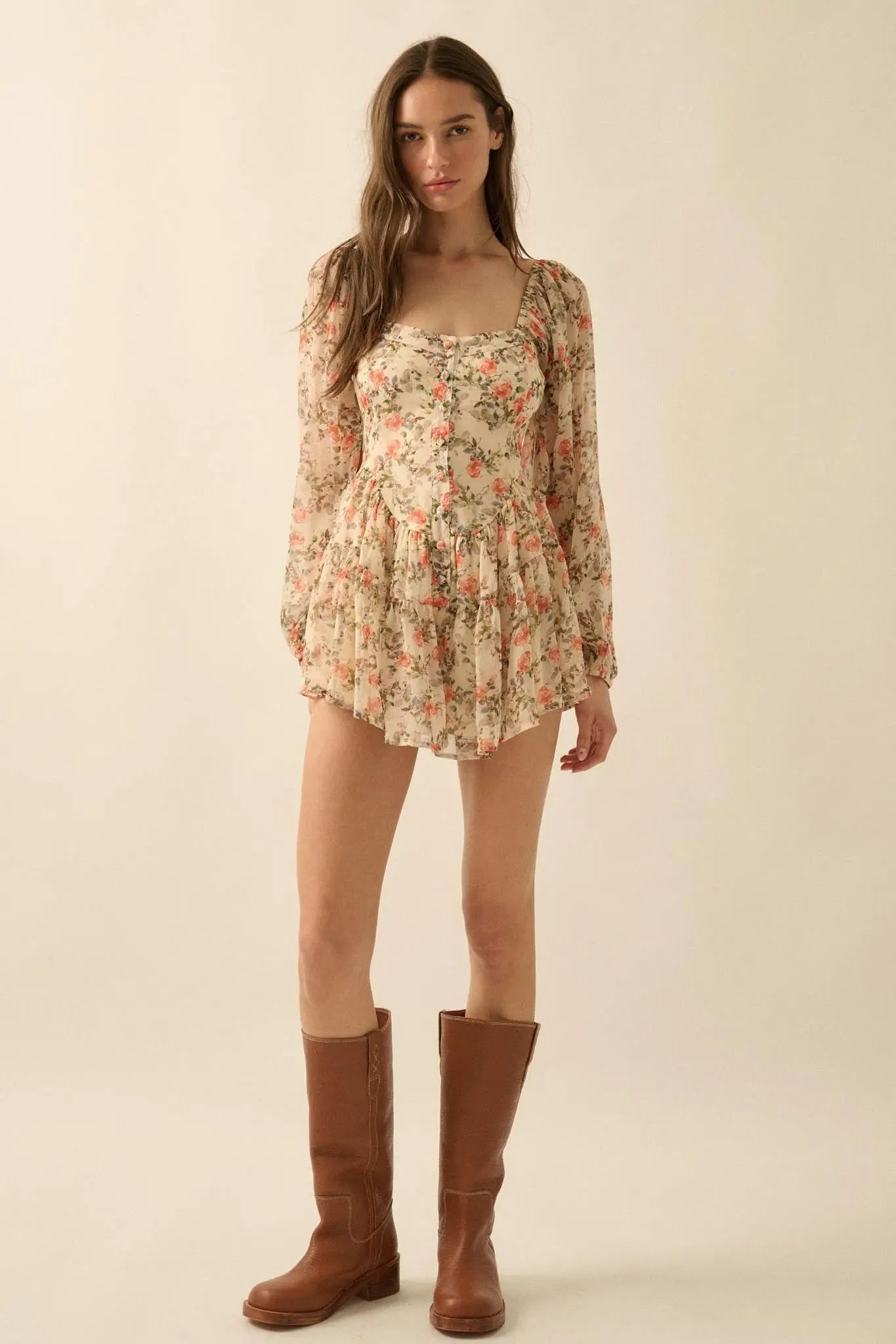 Graceful Garden Floral Chiffon Tiered Romper Dress - Image 3