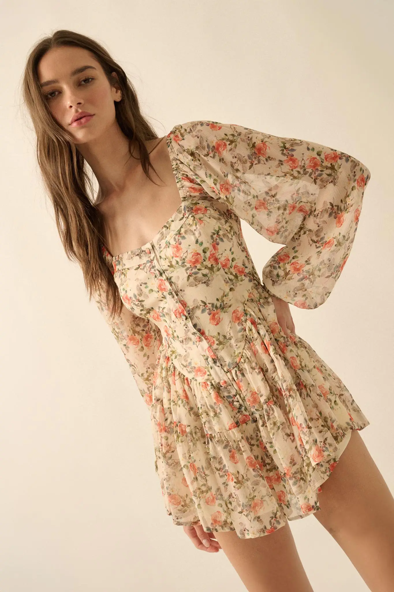 Graceful Garden Floral Chiffon Tiered Romper Dress - Image 5