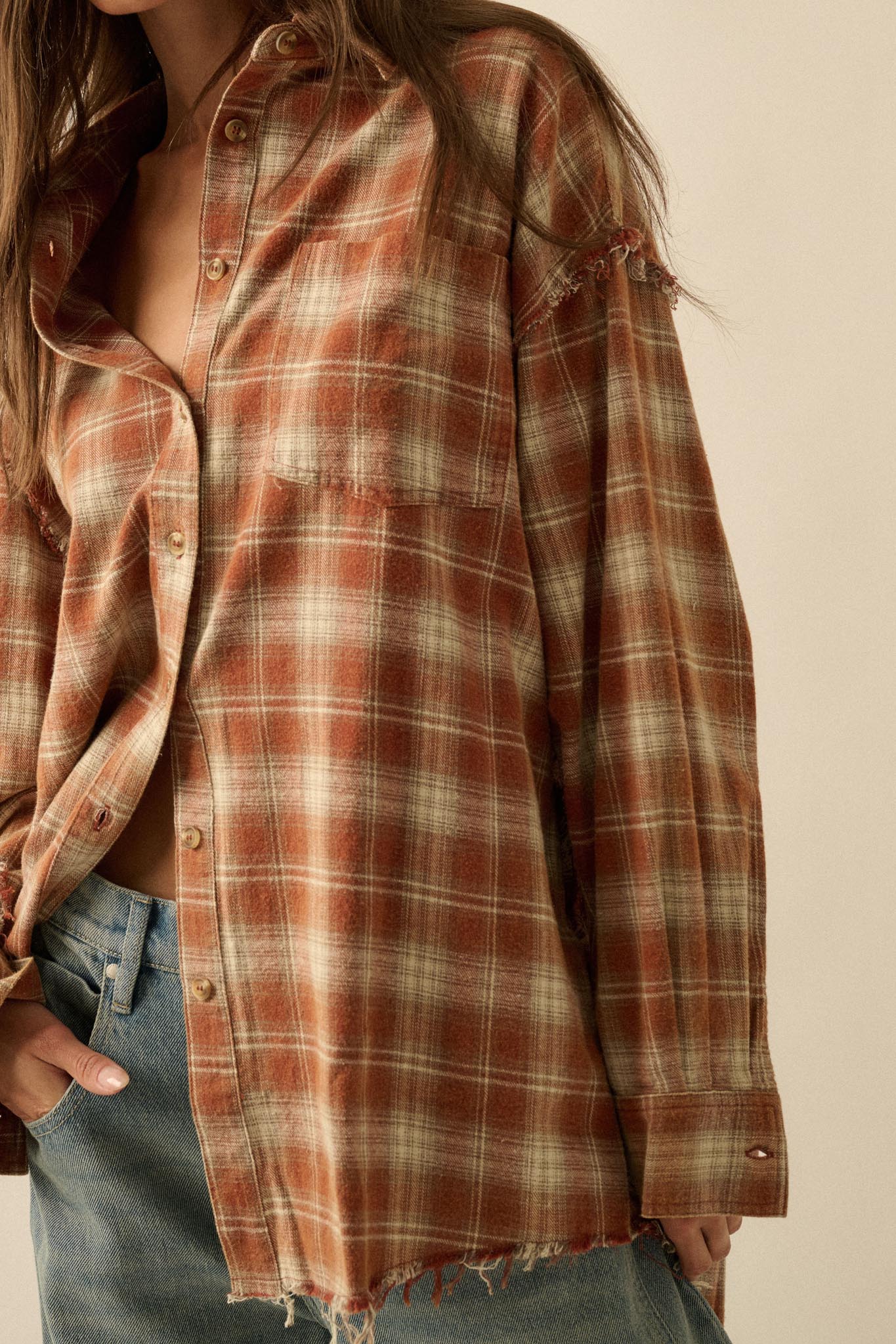 Grunge Era Oversize Raw-Edge Plaid Flannel Shirt - Image 11