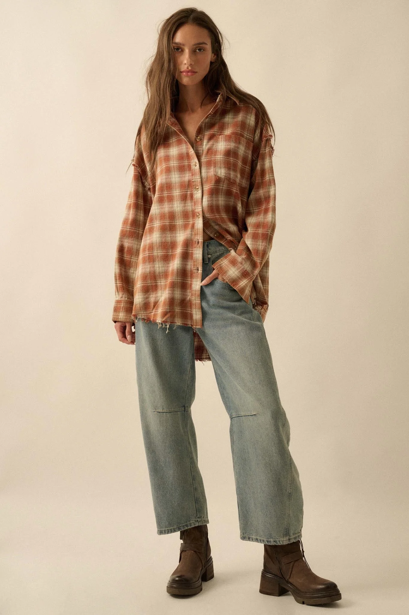 Grunge Era Oversize Raw-Edge Plaid Flannel Shirt - Image 12