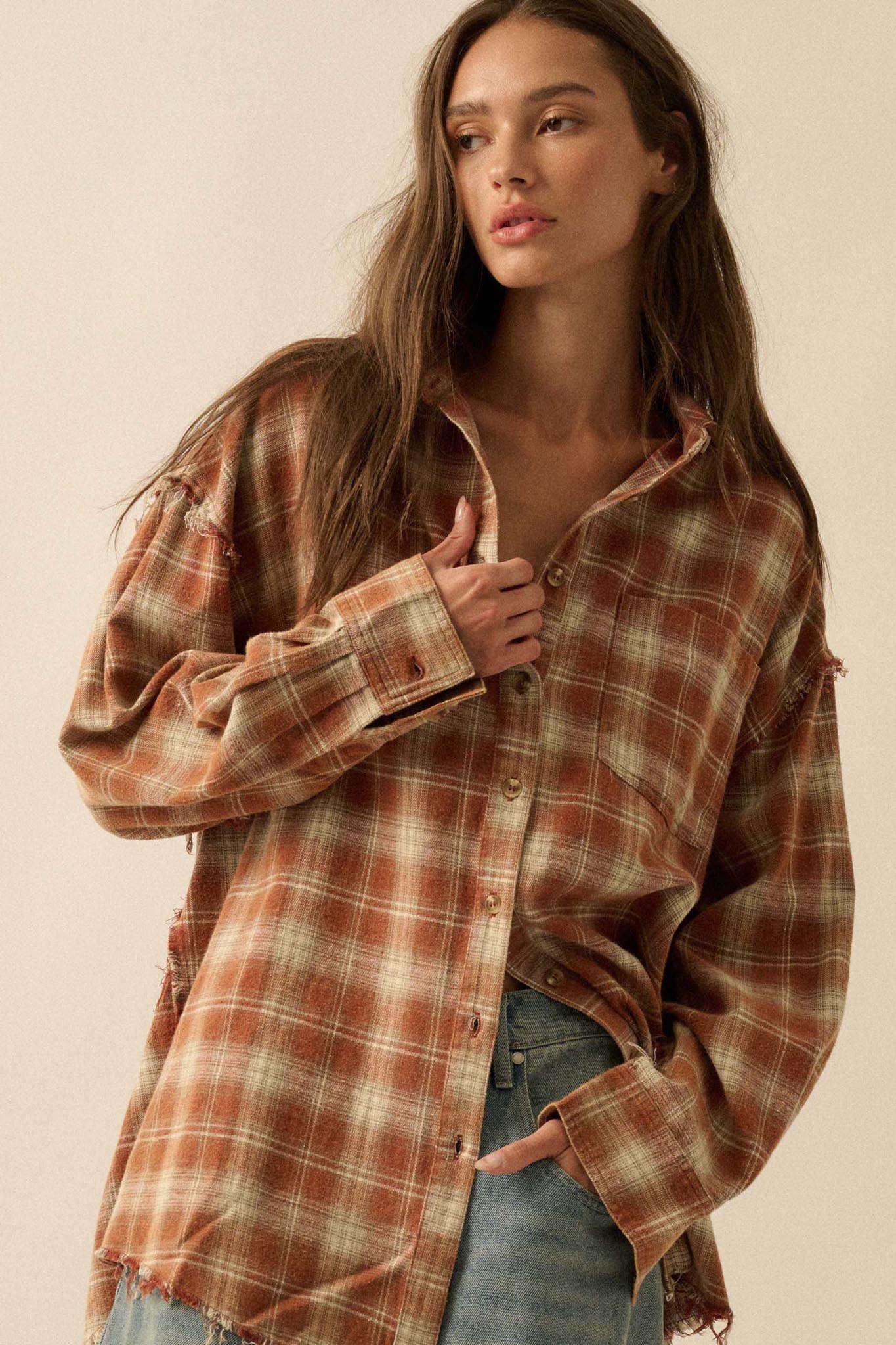 Grunge Era Oversize Raw-Edge Plaid Flannel Shirt - Image 13