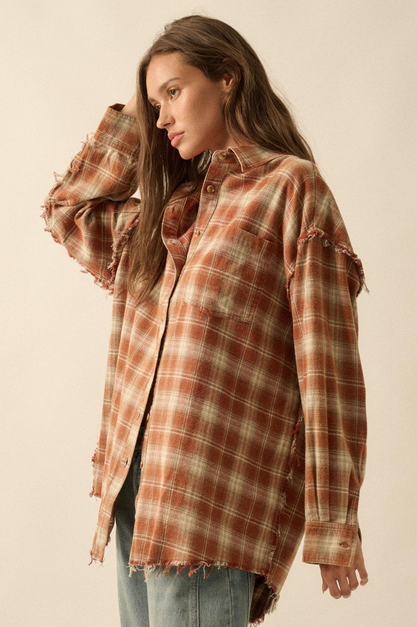Grunge Era Oversize Raw-Edge Plaid Flannel Shirt - Image 14
