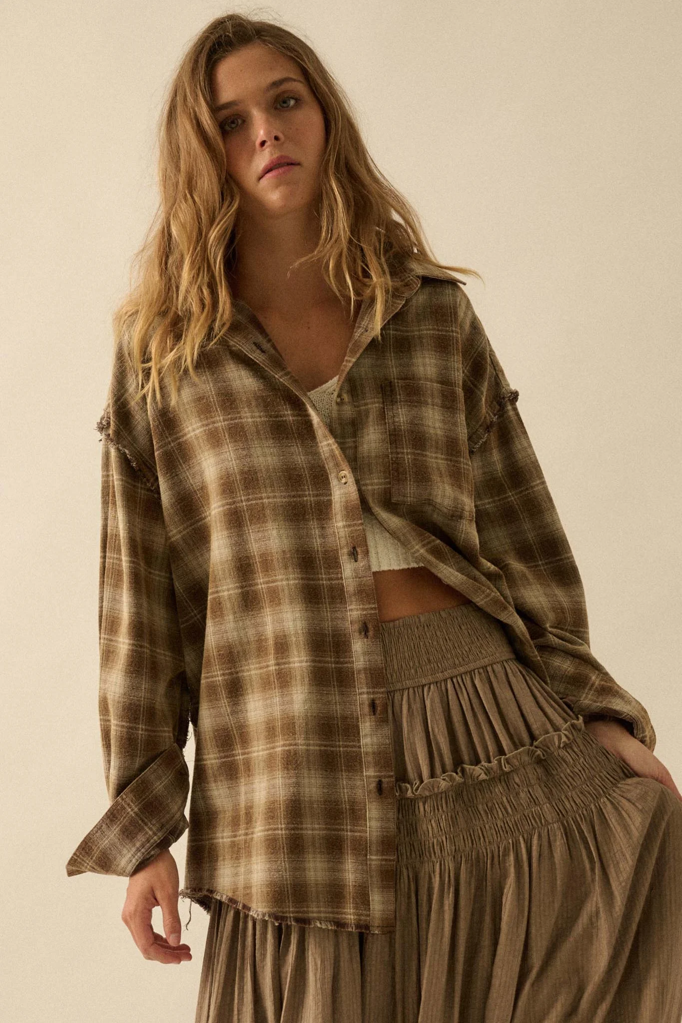 Grunge Era Oversize Raw-Edge Plaid Flannel Shirt - Image 16