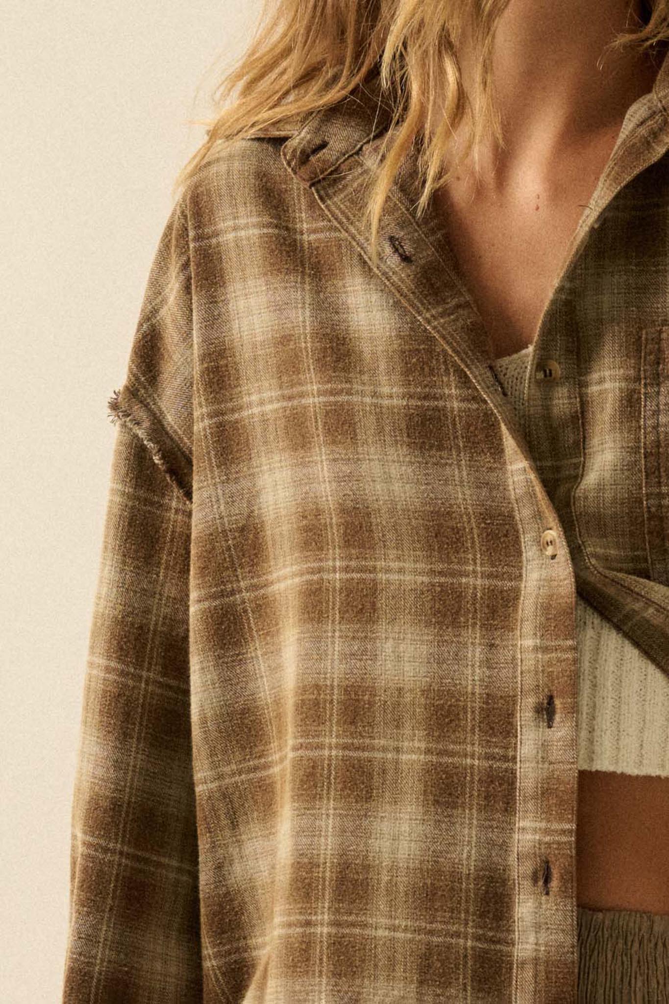 Grunge Era Oversize Raw-Edge Plaid Flannel Shirt - Image 17