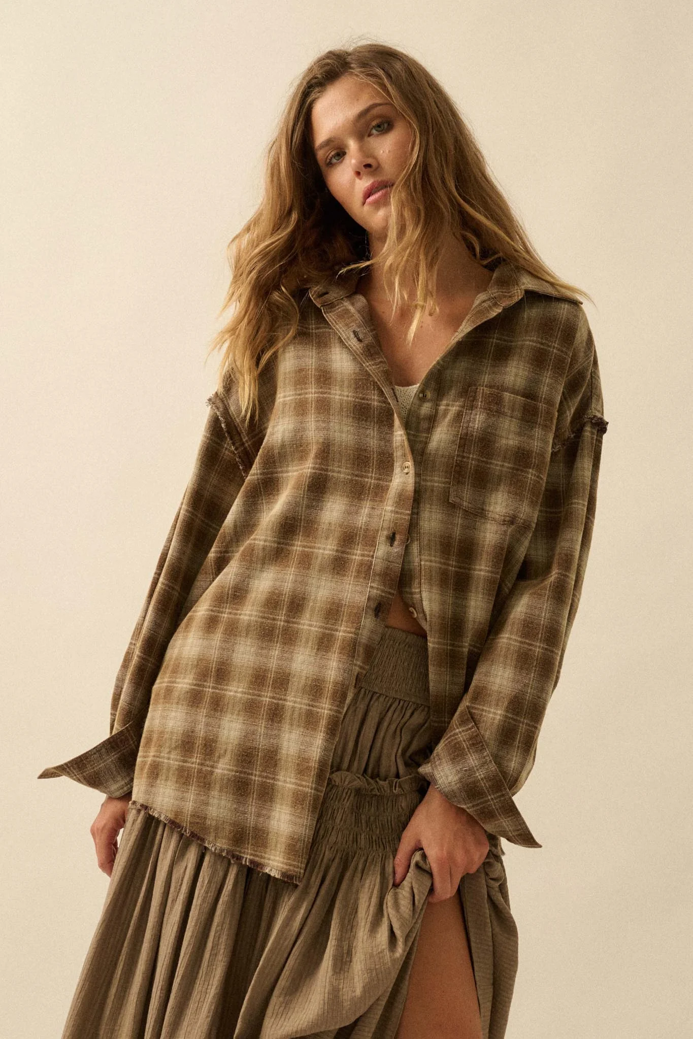 Grunge Era Oversize Raw-Edge Plaid Flannel Shirt - Image 19