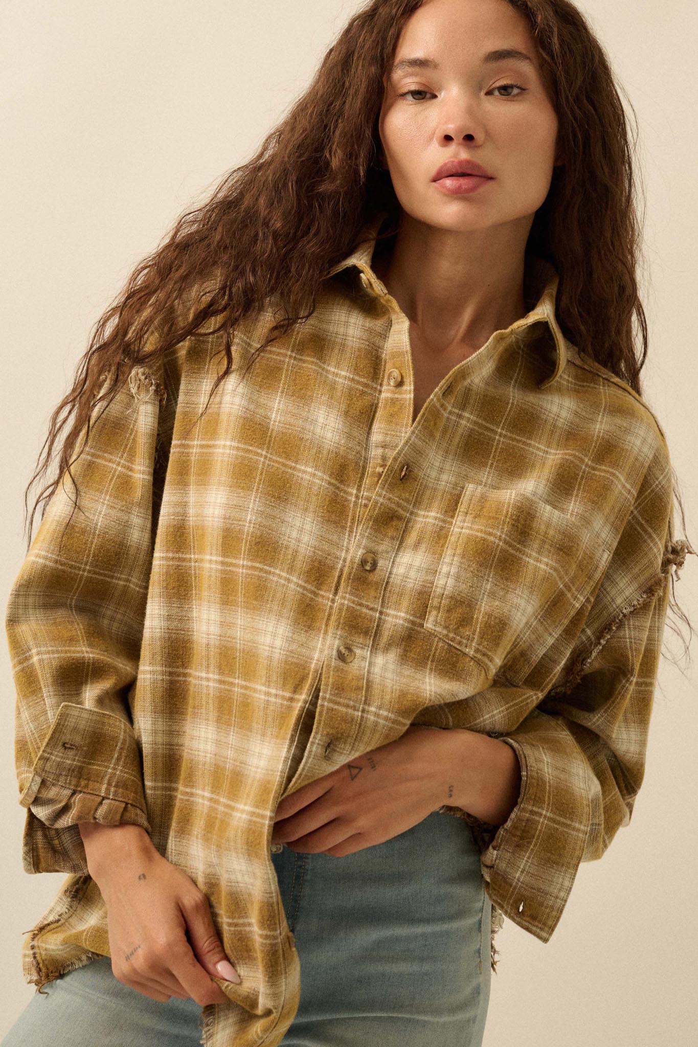 Grunge Era Oversize Raw-Edge Plaid Flannel Shirt - Image 4