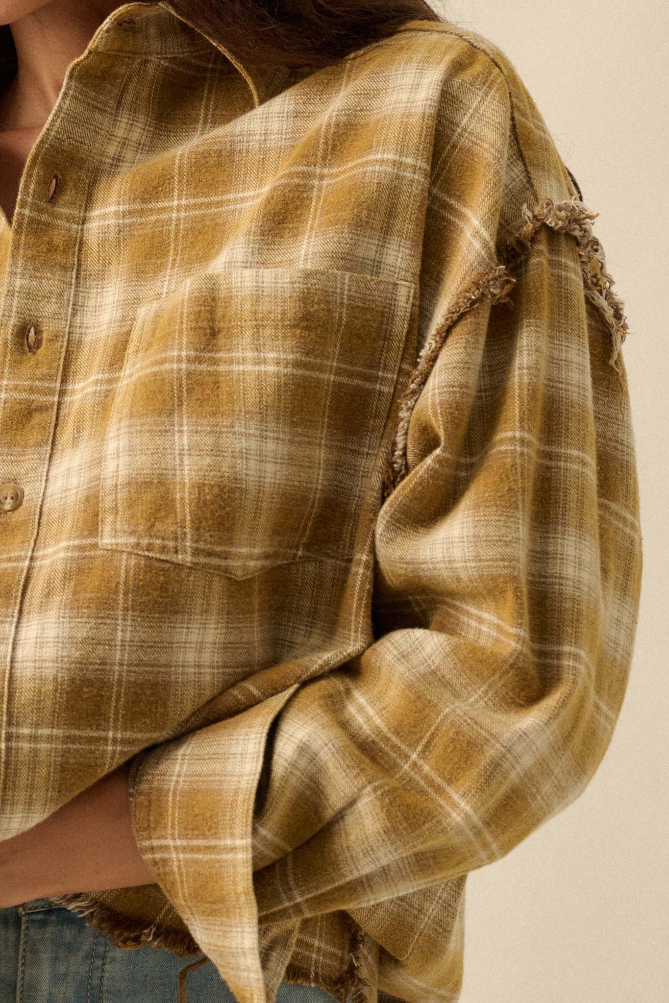 Grunge Era Oversize Raw-Edge Plaid Flannel Shirt - Image 5