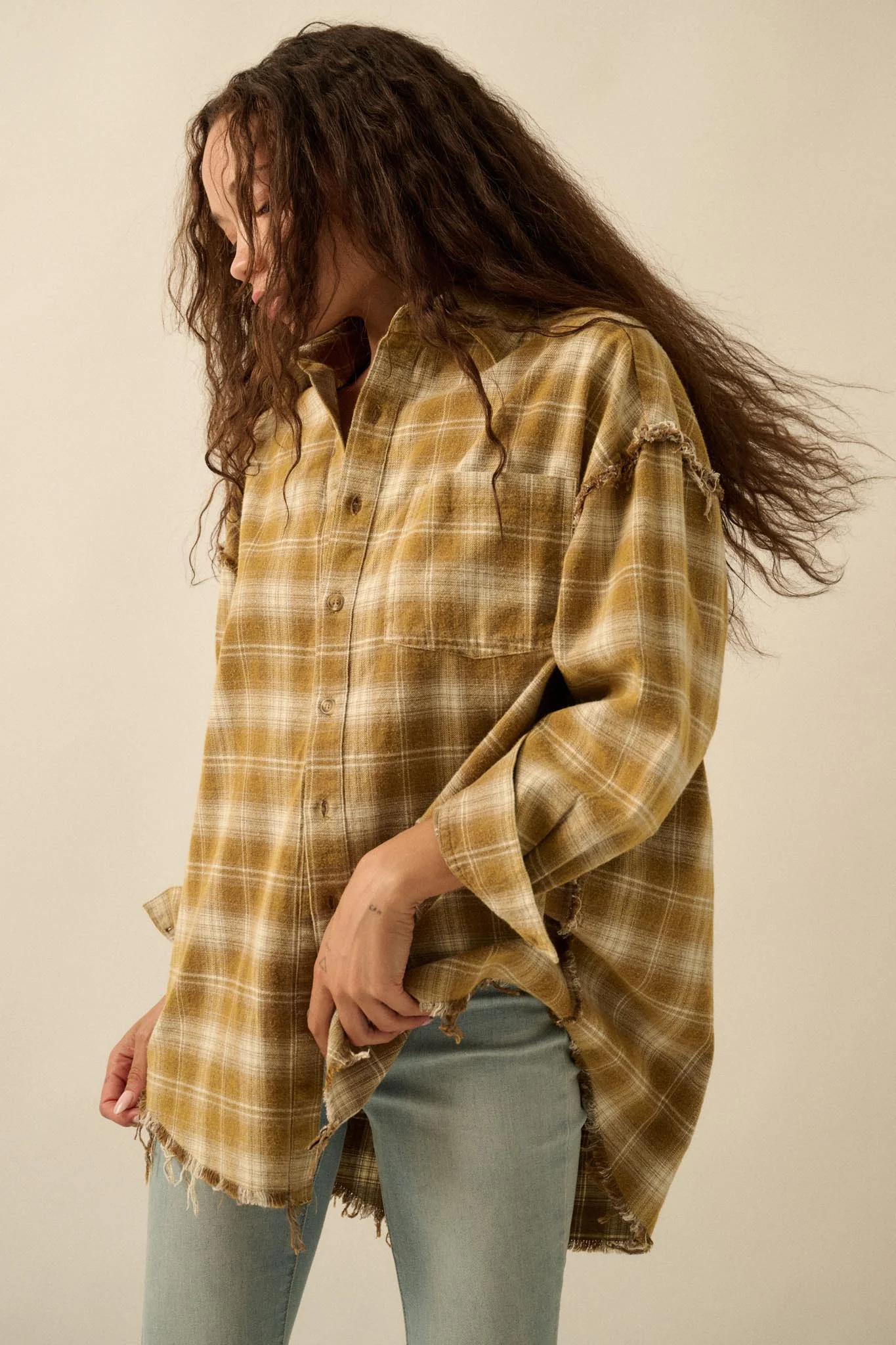 Grunge Era Oversize Raw-Edge Plaid Flannel Shirt - Image 7