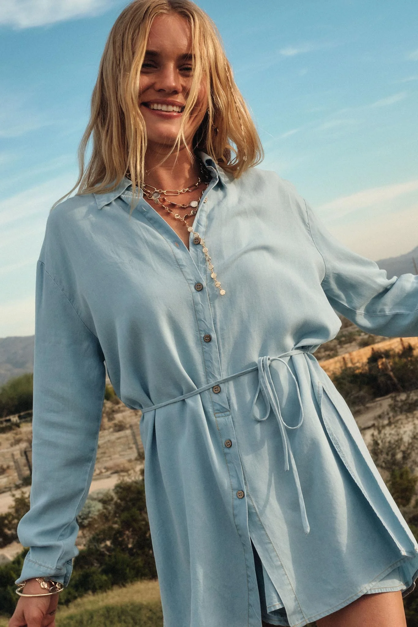 Hazy Days Denim Button-Up Belted Shirt Romper - Image 2