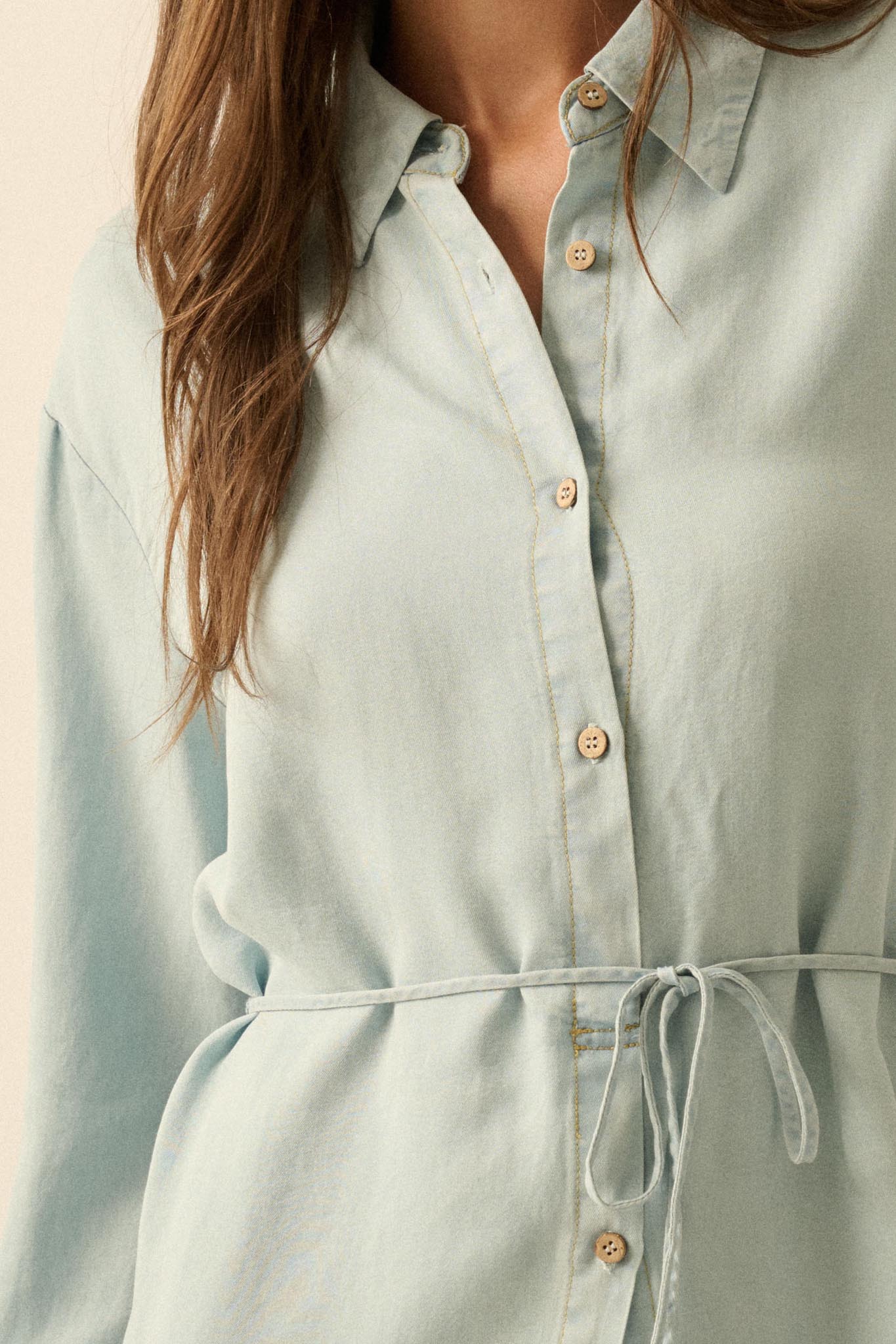 Hazy Days Denim Button-Up Belted Shirt Romper - Image 5