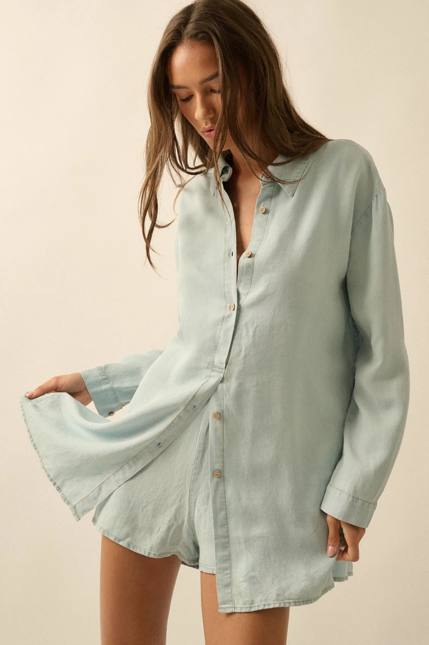 Hazy Days Denim Button-Up Belted Shirt Romper - Image 7