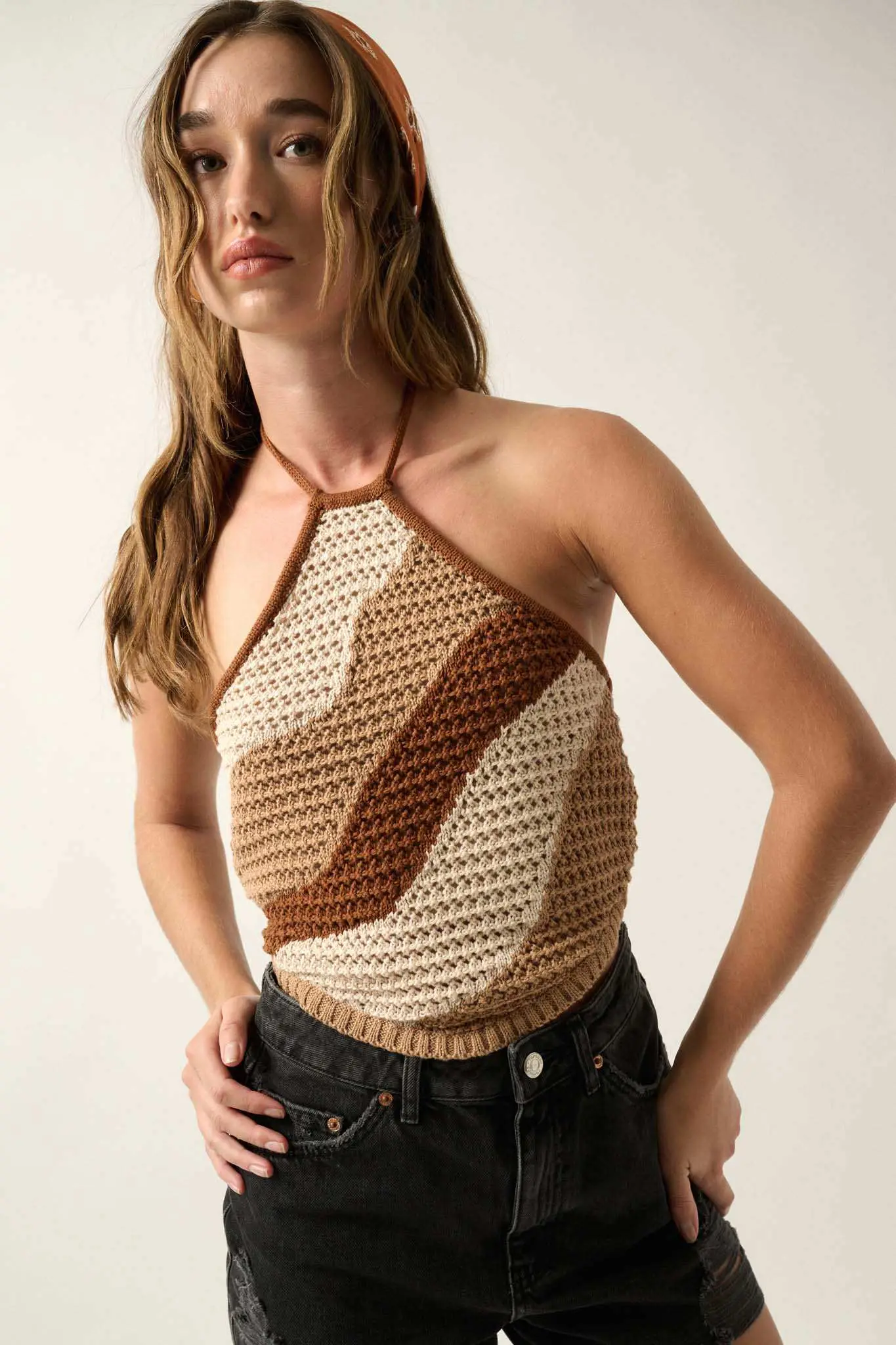Heat Wave Colorblock Crochet Knit Halter Top - Image 13