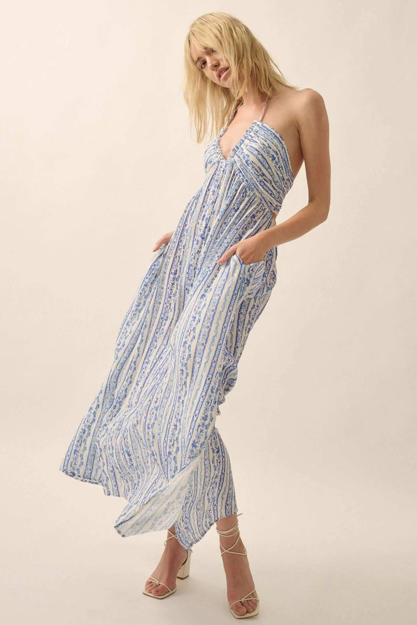 Heavenly Fields Floral-Stripe Halter Maxi Dress