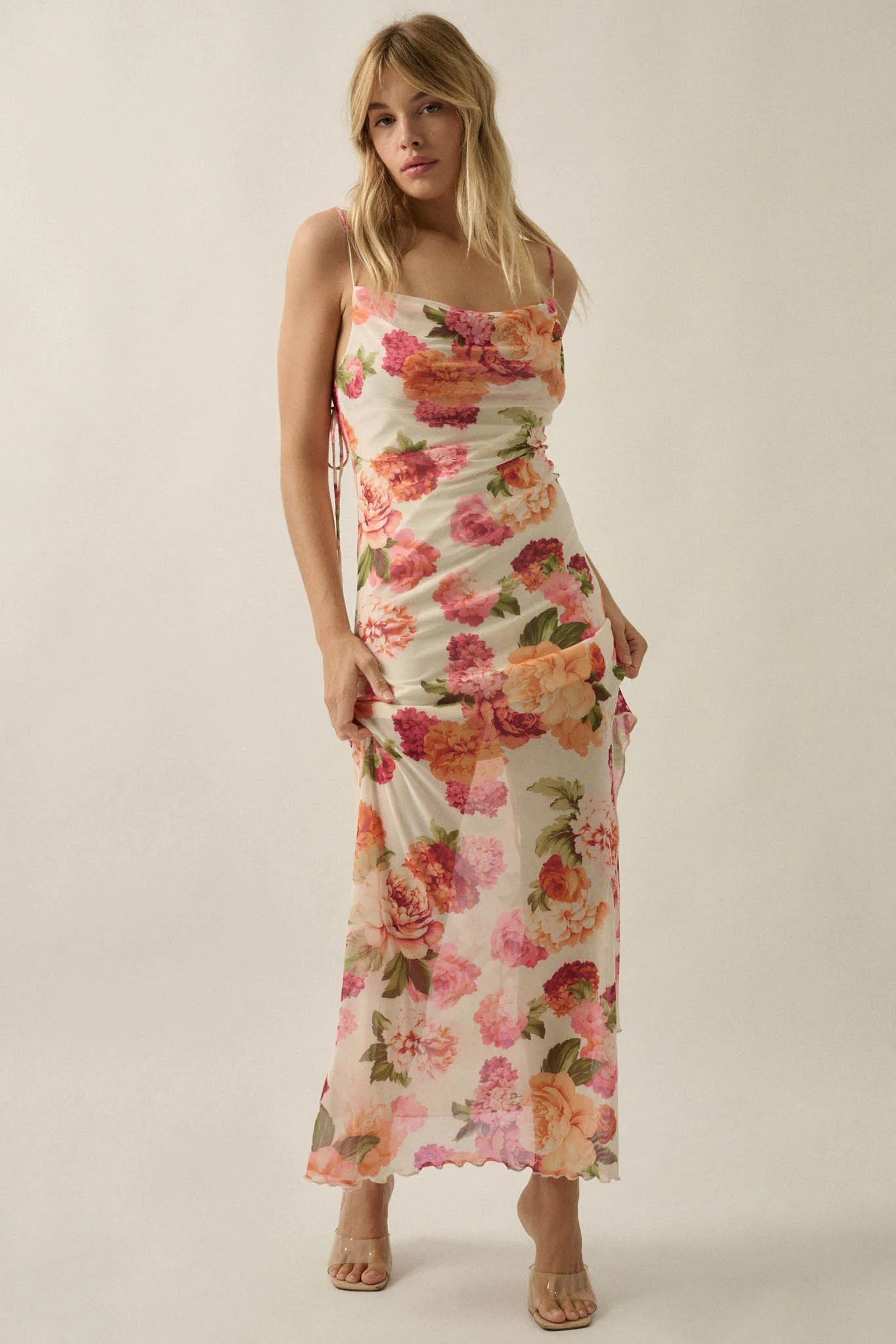 Heirloom Garden Floral Mesh Cowl-Neck Maxi Dress