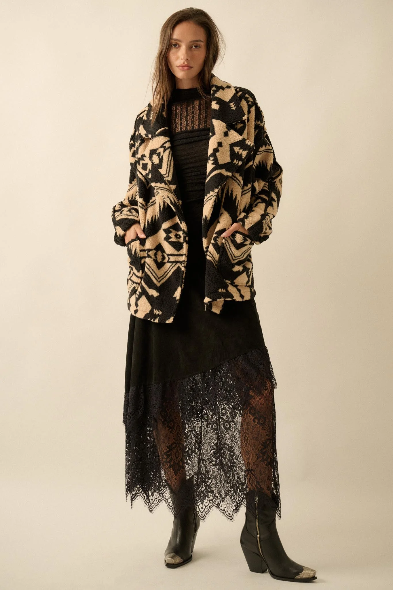 High Plains Geometric-Print Fleece Lapel Jacket - Image 3