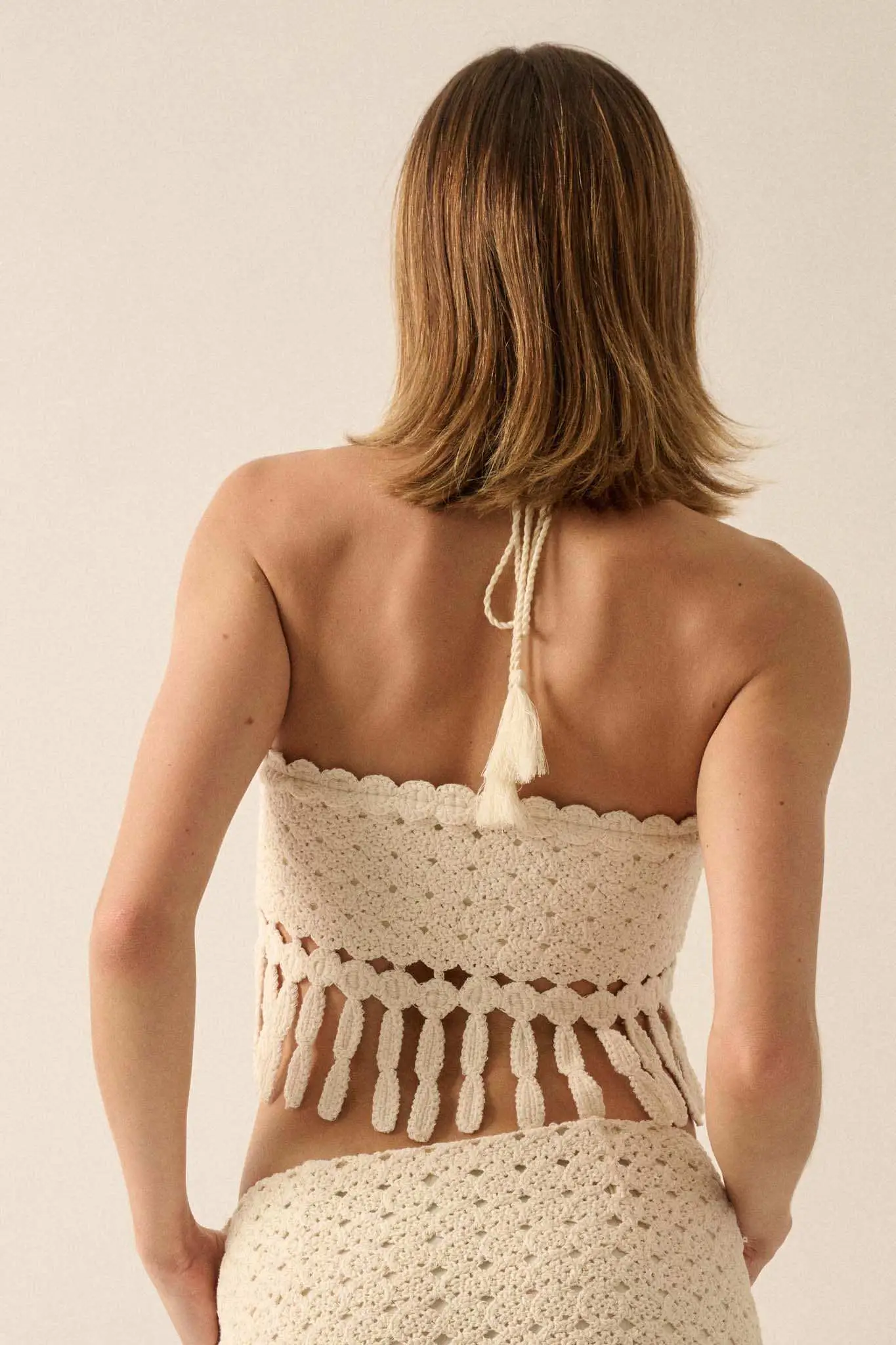 Hippie Heart Crochet Knit Fringe Halter Crop Top - Image 7