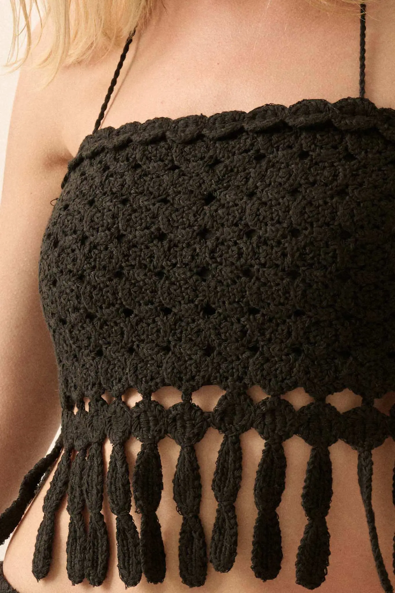 Hippie Heart Crochet Knit Fringe Halter Crop Top - Image 8