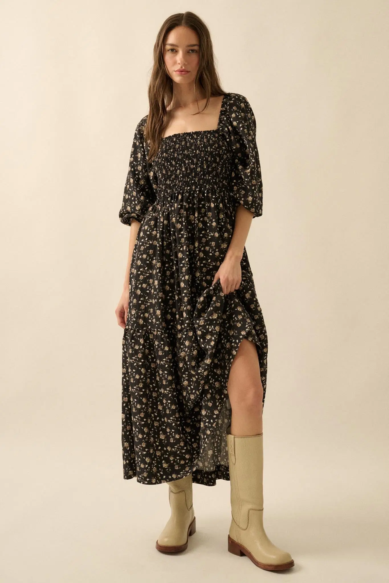 Home Ground Floral Smocked Midi Peasant Dress - Image 3