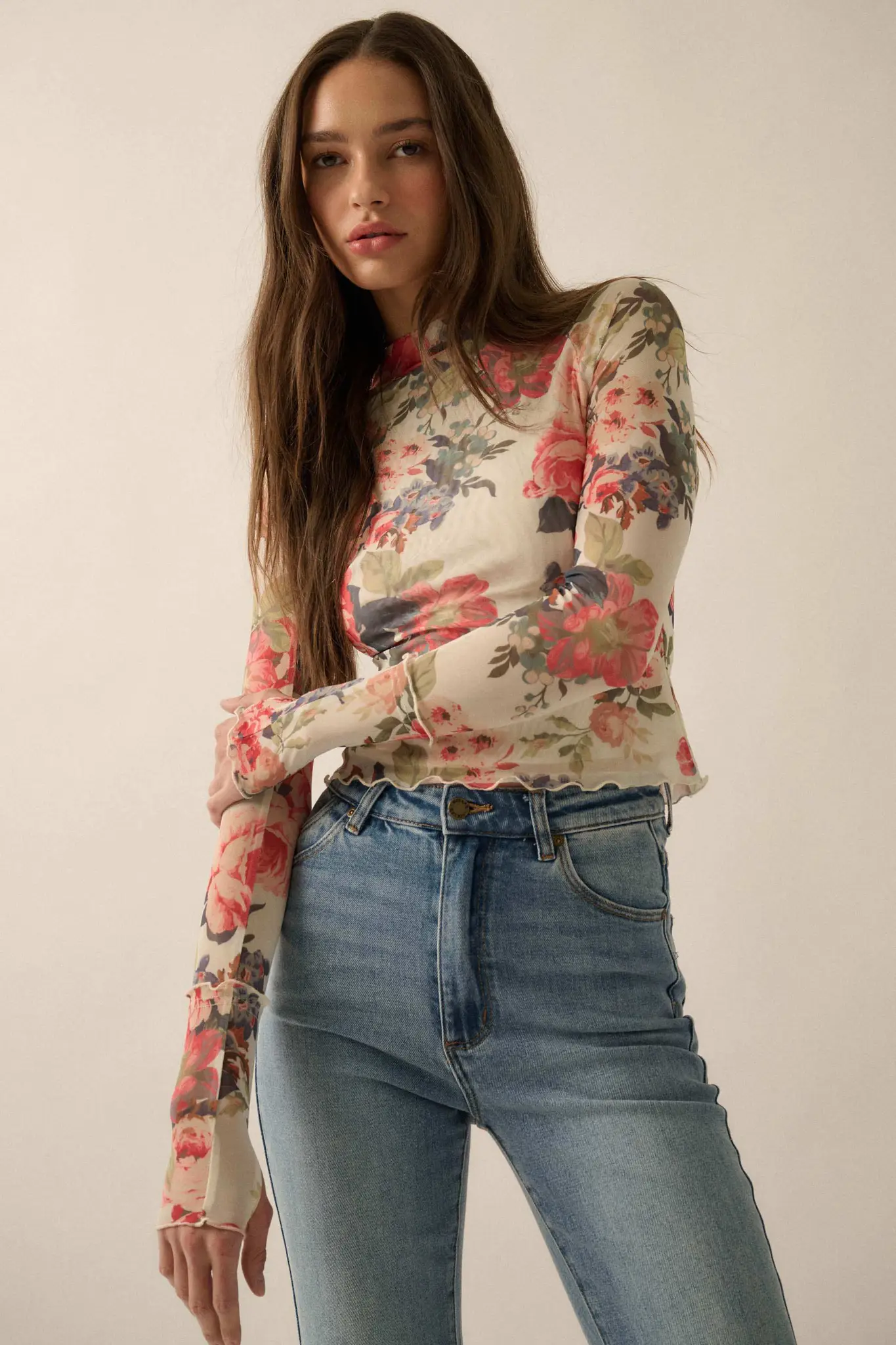In Bloom Floral Mesh Mock-Neck Thumbhole Top