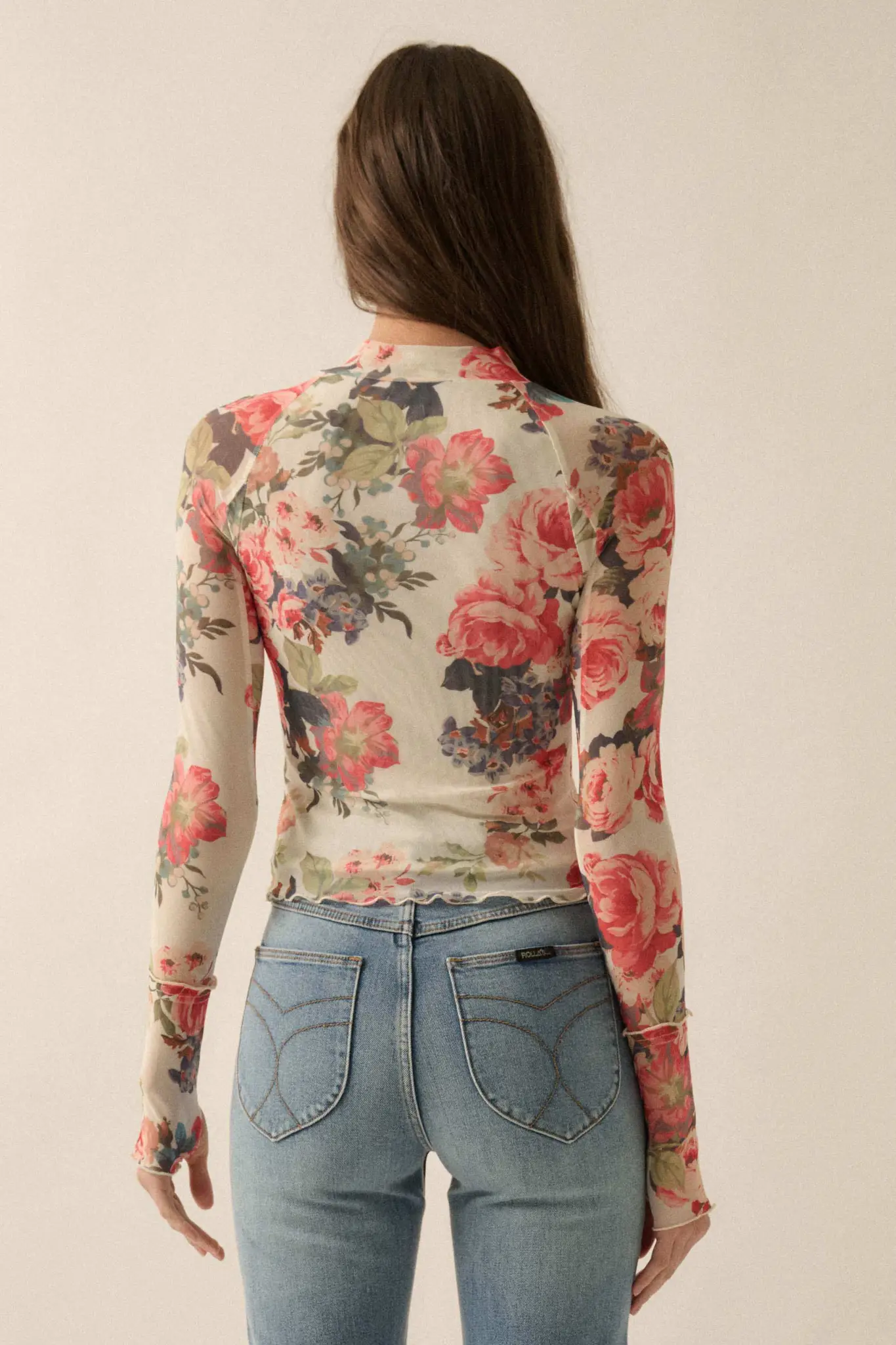 In Bloom Floral Mesh Mock-Neck Thumbhole Top - Image 2