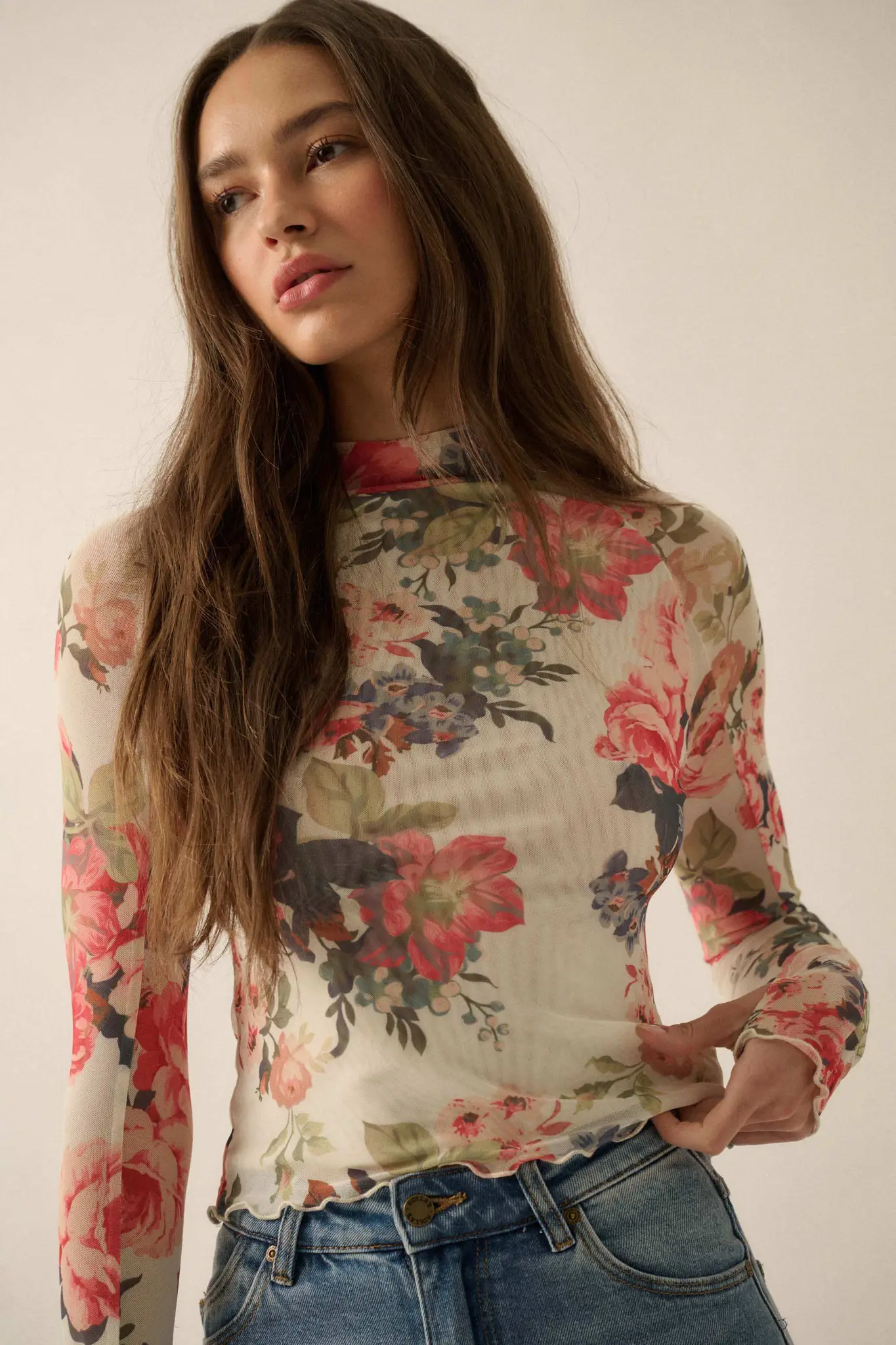 In Bloom Floral Mesh Mock-Neck Thumbhole Top - Image 3