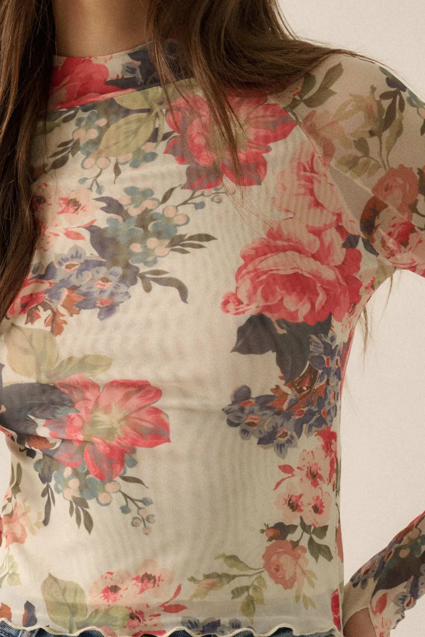In Bloom Floral Mesh Mock-Neck Thumbhole Top - Image 4