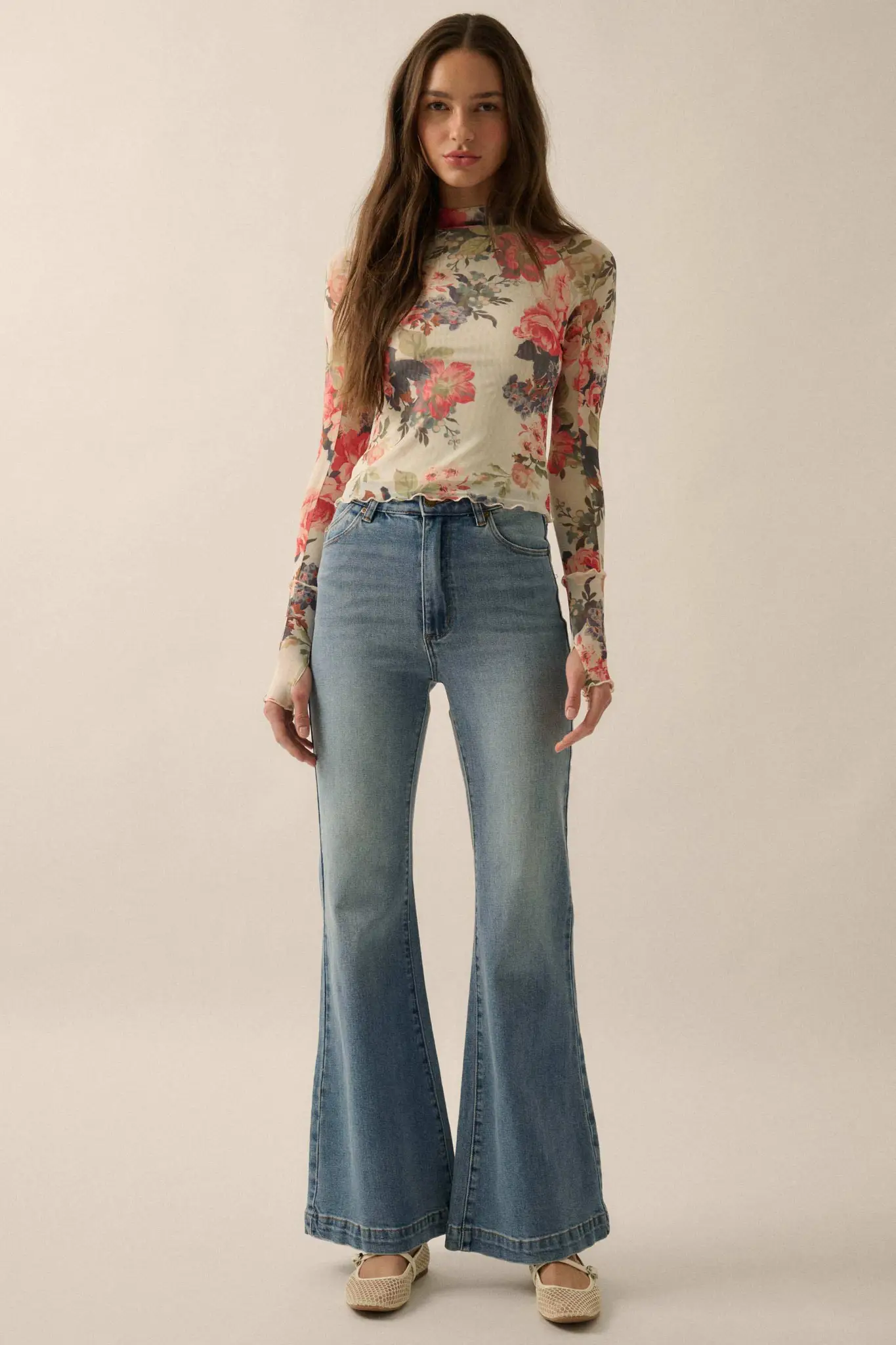 In Bloom Floral Mesh Mock-Neck Thumbhole Top - Image 5