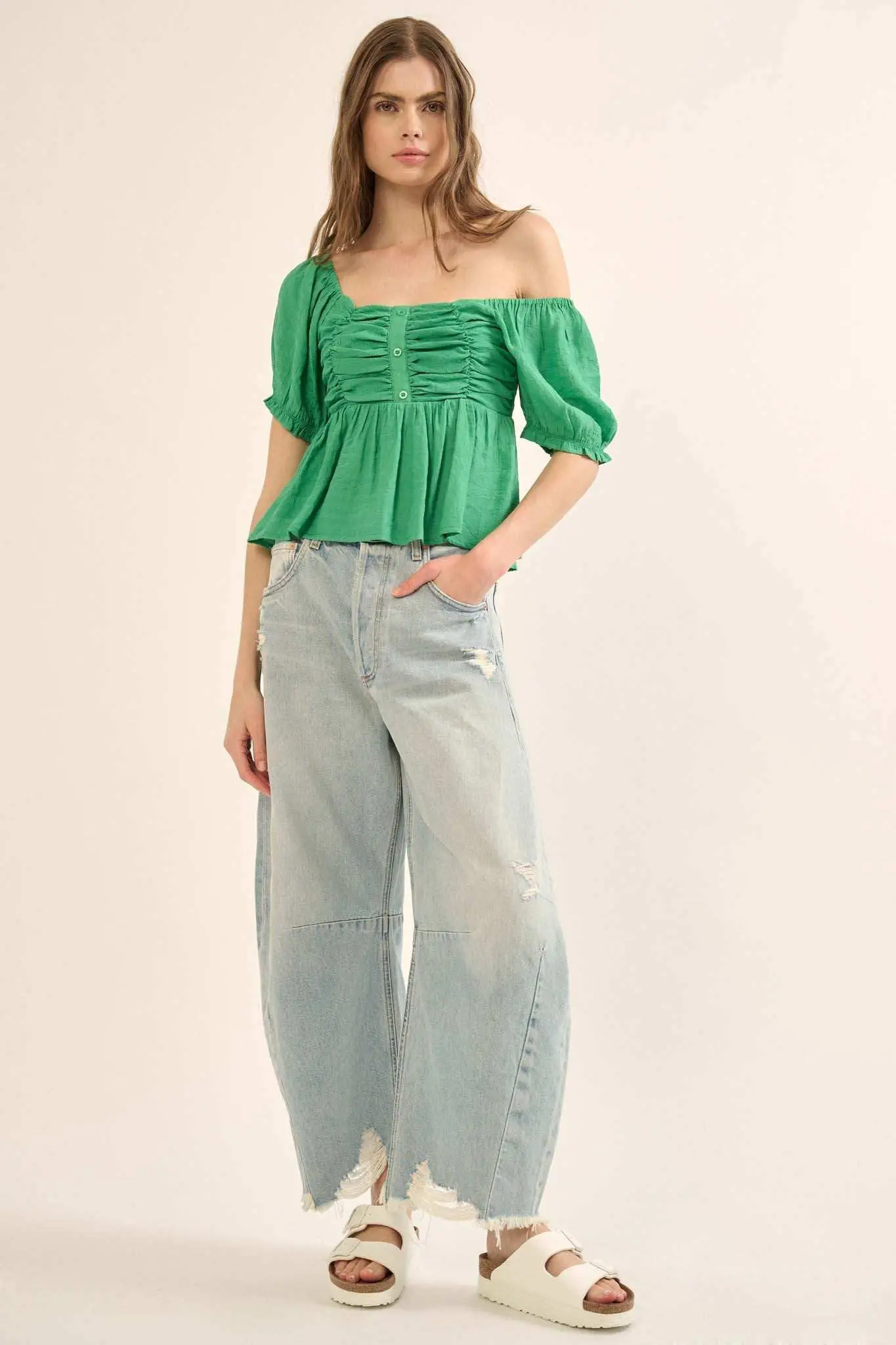 In Your Dreams Ruched Tonal-Stripe Peasant Top - Image 12