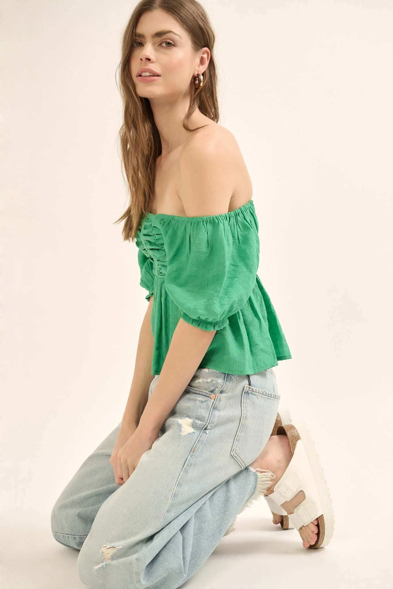In Your Dreams Ruched Tonal-Stripe Peasant Top - Image 13