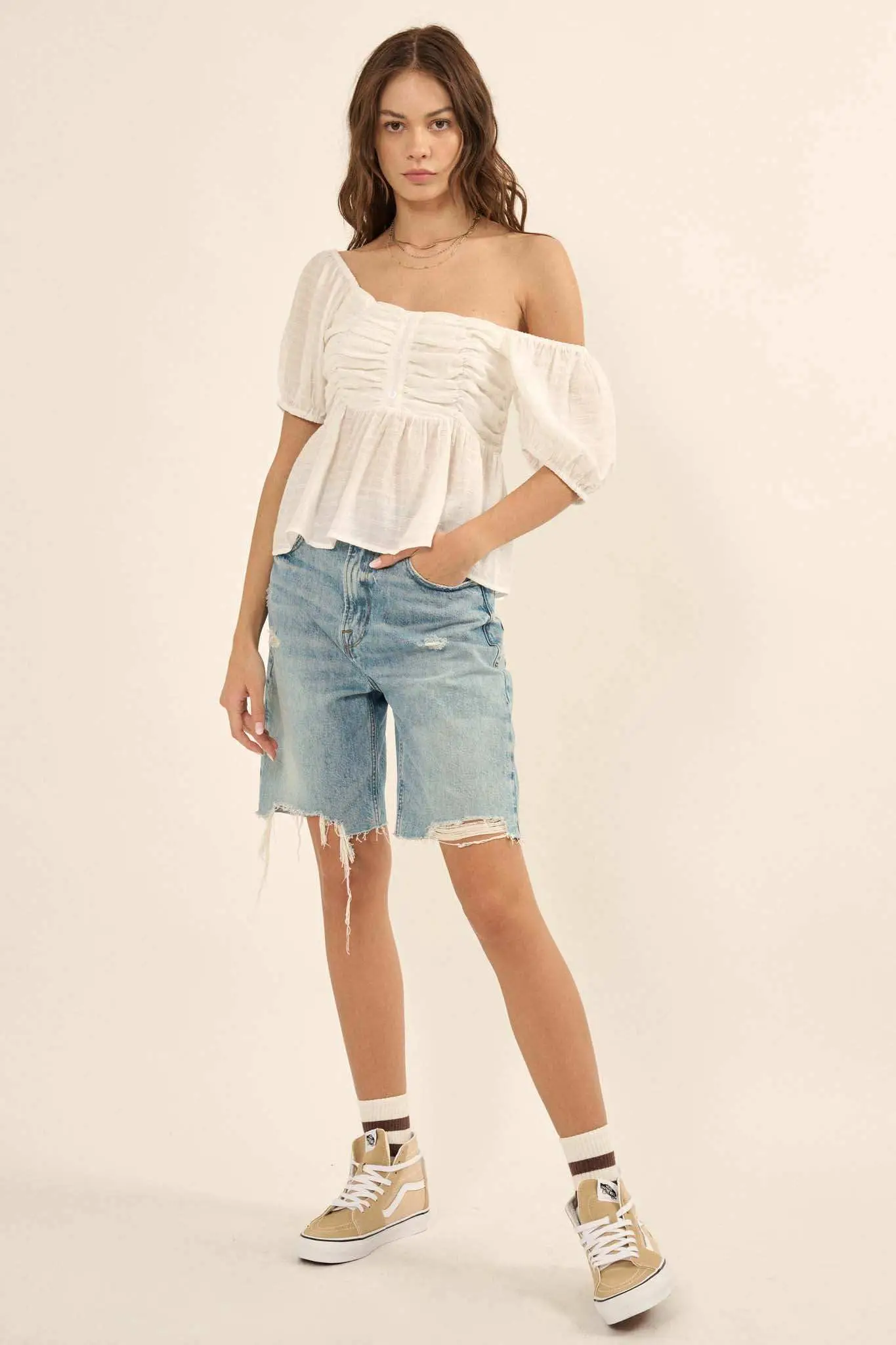 In Your Dreams Ruched Tonal-Stripe Peasant Top - Image 6