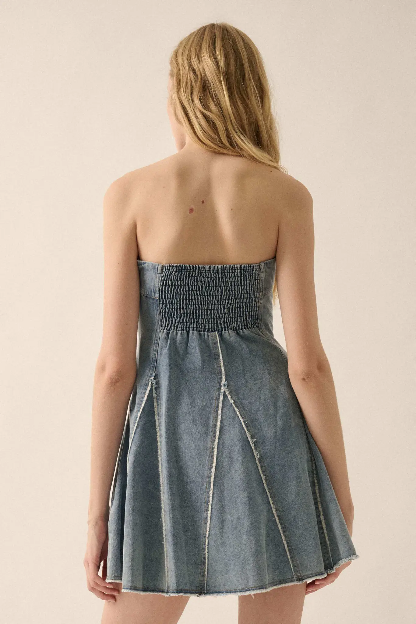 Indigo Skies Denim Strapless Godet Mini Dress - Image 2