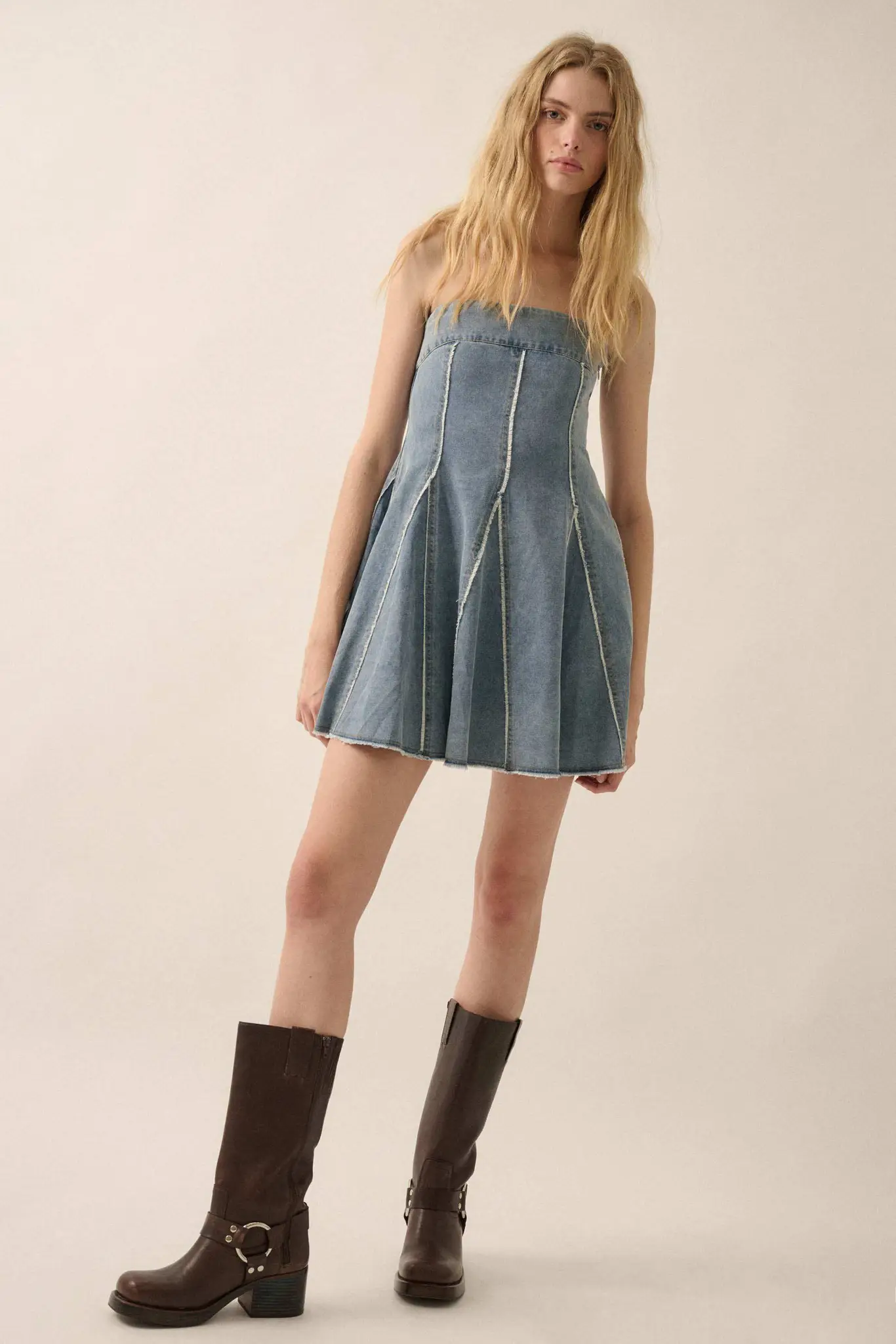 Indigo Skies Denim Strapless Godet Mini Dress - Image 3